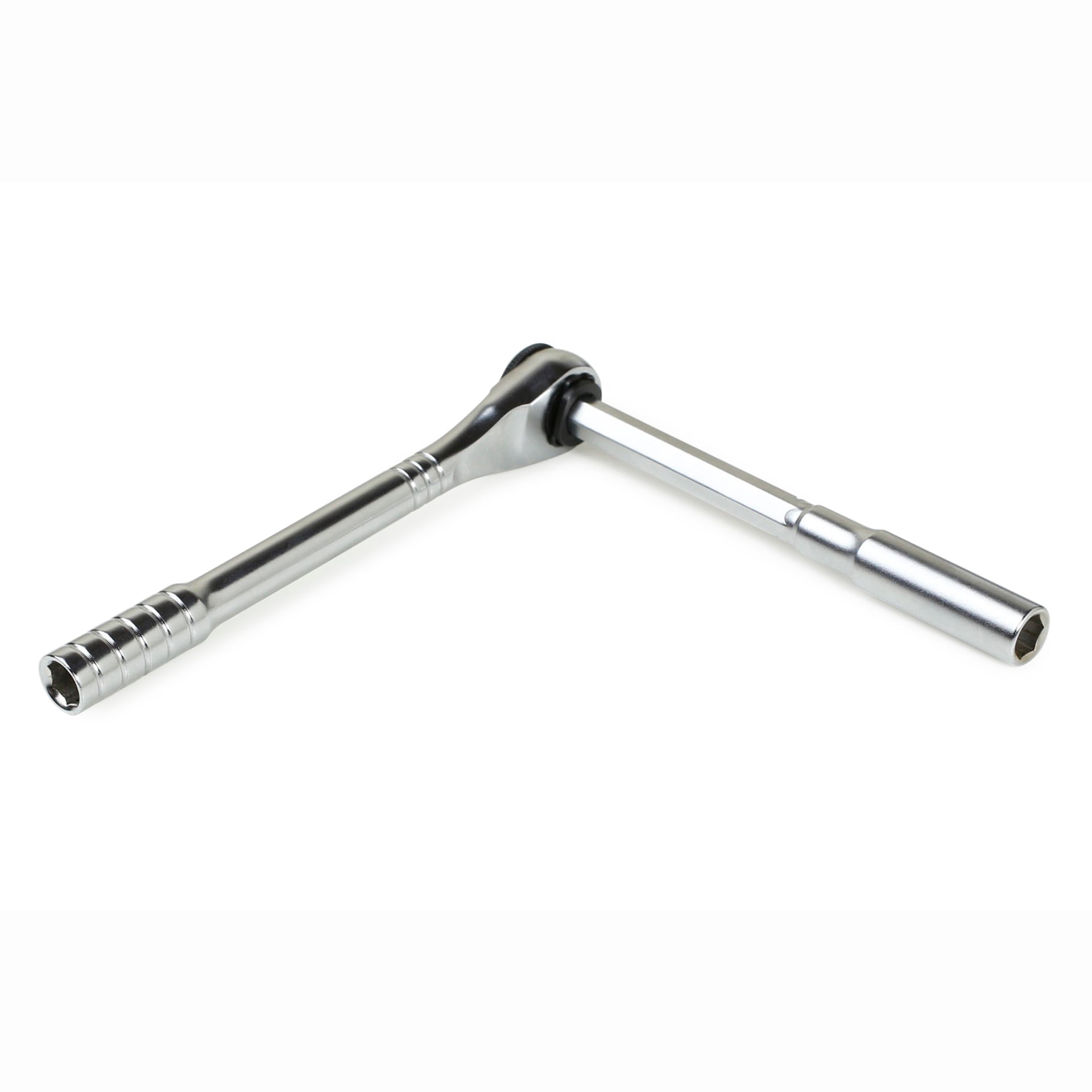 The Prestacycle T-Handle Ratchet Deluxe is a 3-way ratchet and T-handle tool kit by Prestacycle, shown with a right-angle socket attachment, isolated on a white background.