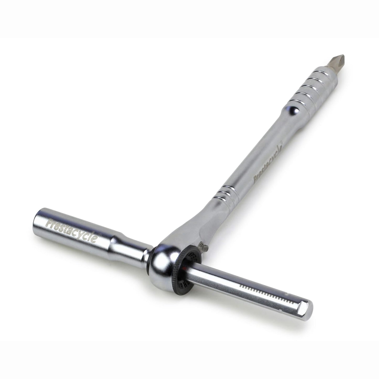 The Prestacycle Pro T-Handle Kit is a silver metal ratchet tool with a rotating handle and interchangeable shaft, shown with a Phillips bit attached. It uses 1/4 inch bits and features the Prestacycle brand name on the side.