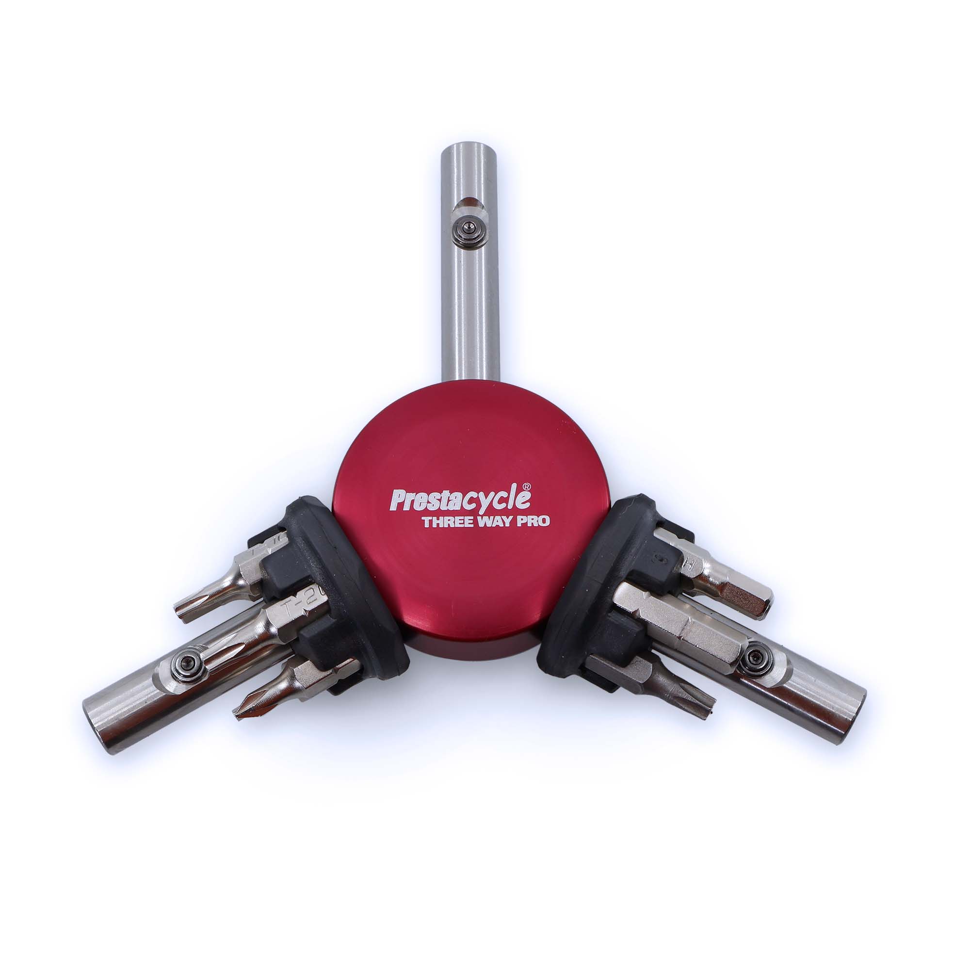 The Prestacycle Professional Three Way Y Bits Tool Kit features a red center, MagGlide sliders, and three arms with interchangeable 1/4″ hex bits—making it an essential tool for efficient bicycle maintenance.