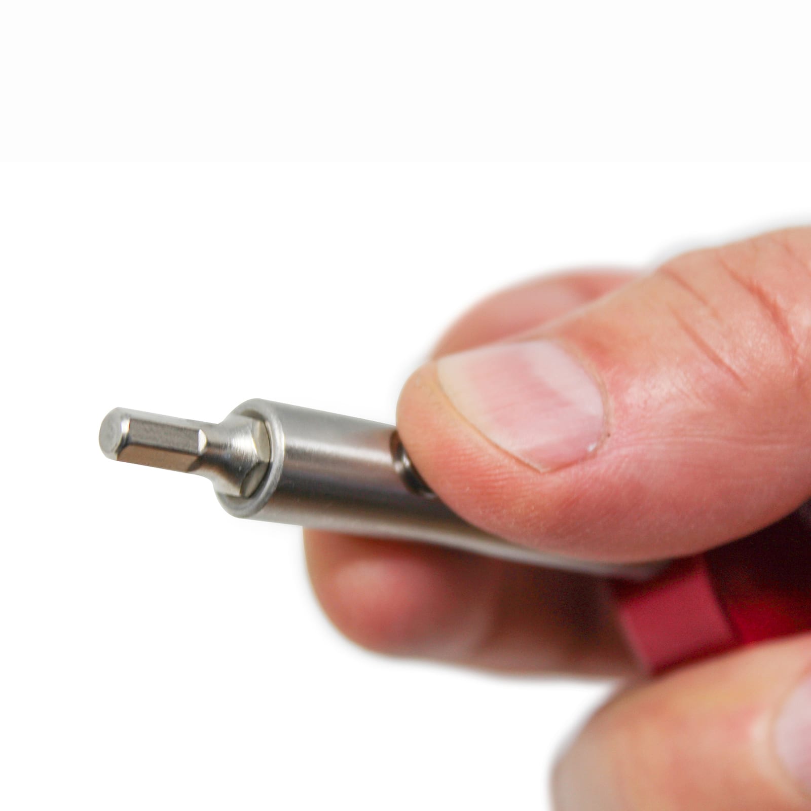 A close-up shows a hand holding the Prestacycle Professional Three Way Y Bits Tool Kit by Prestacycle, featuring a hexagonal tip compatible with 1/4″ Hex bits, used as a screwdriver or bit driver, against a white background.