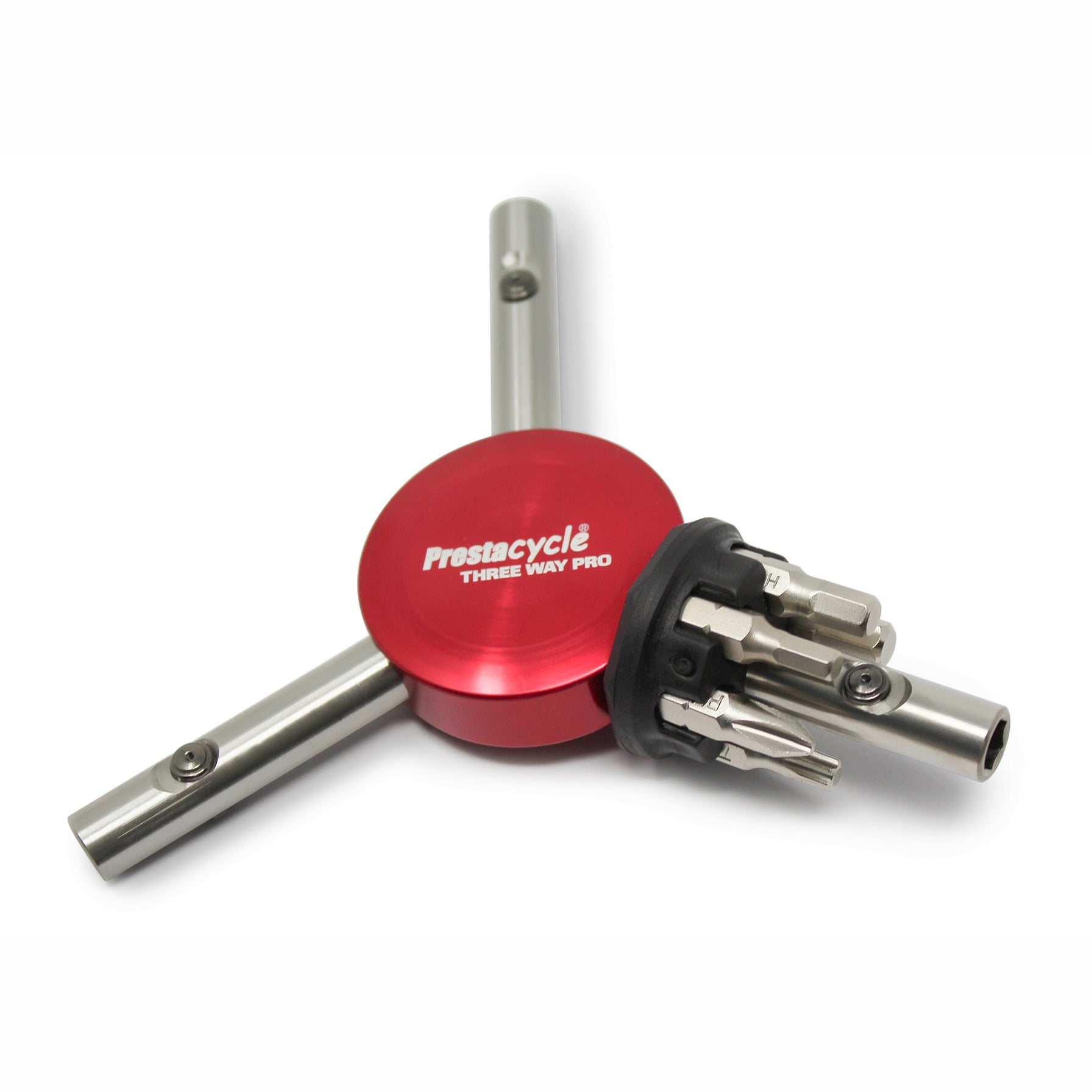 A red Prestacycle Professional 6 piece 1/4 S2 Hex Bits Set with three metal arms in a Y-shape, designed for interchangeable screwdriver and bicycle tool bits, is shown on a white background.