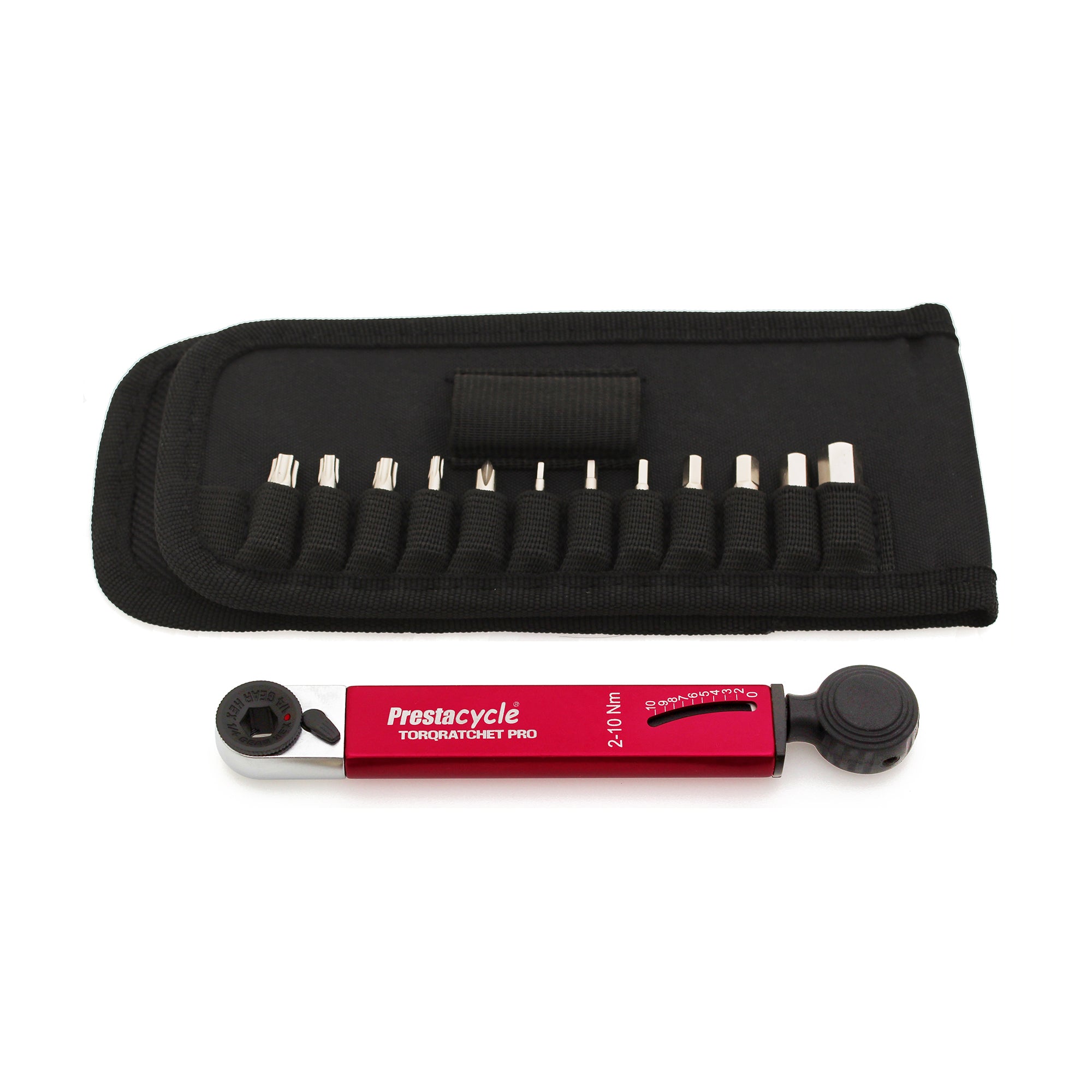 A red Prestacycle TorqRatchet PRO Wallet, a reversible ratchet multi-tool (2–10Nm), with a black adjustment dial, shown in front of its black carrying case containing multiple interchangeable metal bits.