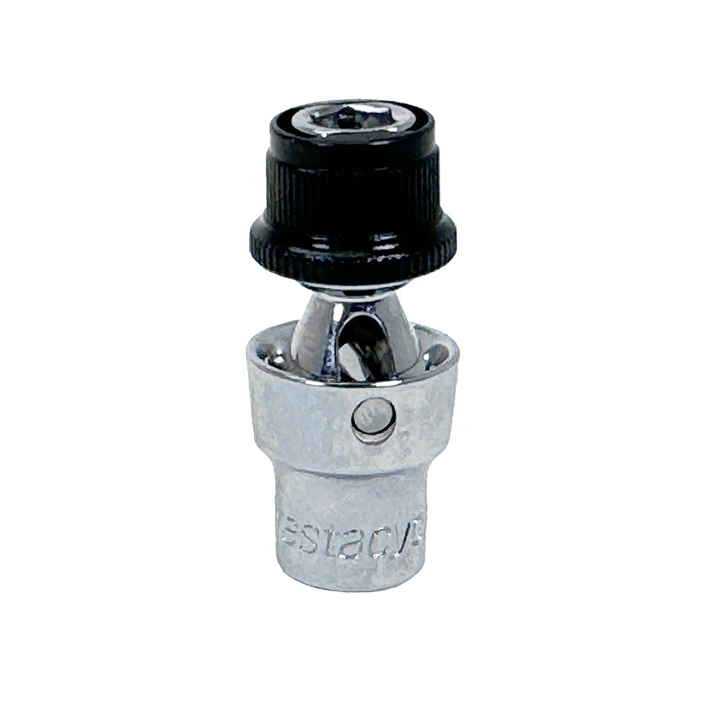 The Prestacycle Bits Swivel QR Torque Wrench Adapter is a metal universal joint with a silver body and black rotating head, designed for use with socket wrenches and 1/4″ socket-type wrenches—ideal for torque wrenches or bicycle bit sets.