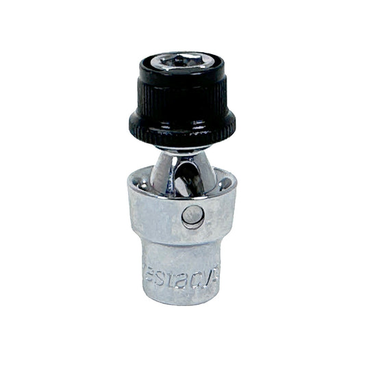 The Prestacycle Bits Swivel QR Torque Wrench Adapter is a metal universal joint with a silver body and black rotating head, designed for use with socket wrenches and 1/4″ socket-type wrenches—ideal for torque wrenches or bicycle bit sets.