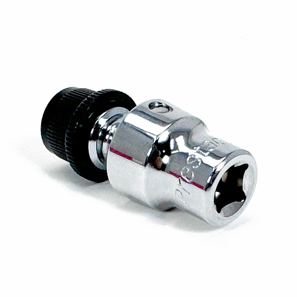 The Prestacycle Bits Swivel QR Torque Wrench Adapter by Prestacycle features a metallic finish, knurled black grip, and hexagonal opening for 1/4″ socket-type wrenches, pictured against a white background.