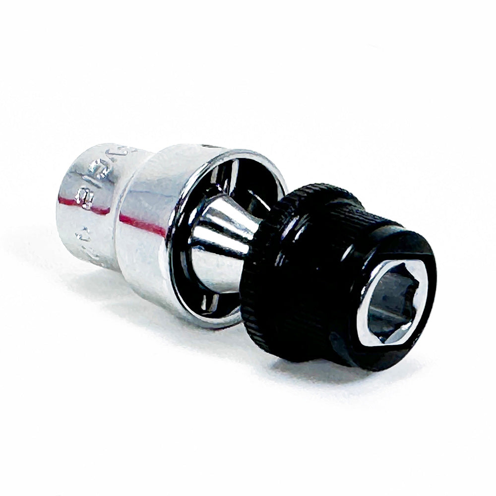 The Prestacycle Bits Swivel QR Torque Wrench Adapter by Prestacycle features a chrome finish, black textured grip, hex opening on one end, and rounded socket on the other—ideal for 1/4″ socket-type or torque wrenches. Lies on a white background.