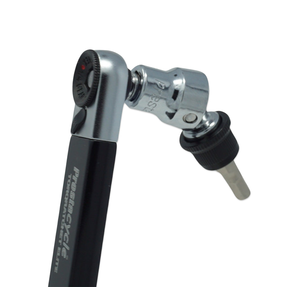 The Prestacycle Bits Swivel QR Torque Wrench Adapter by Prestacycle features a black handle and adjustable ratcheting head for precise tightening—ideal for 1/4″ socket wrenches and bicycle bit set use.