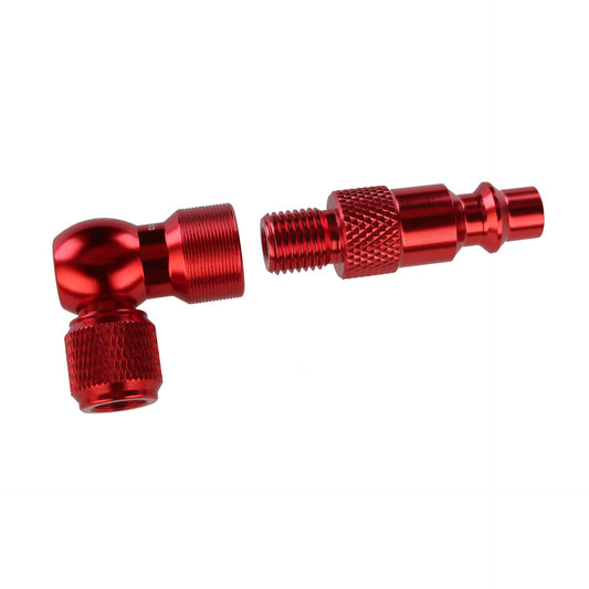 The Prestacycle Prestaflator Micro Bundle includes two red metal valve adapters—one right-angle air compressor adapter and one straight Presta Schrader head—both with knurled grips, displayed against a white background.