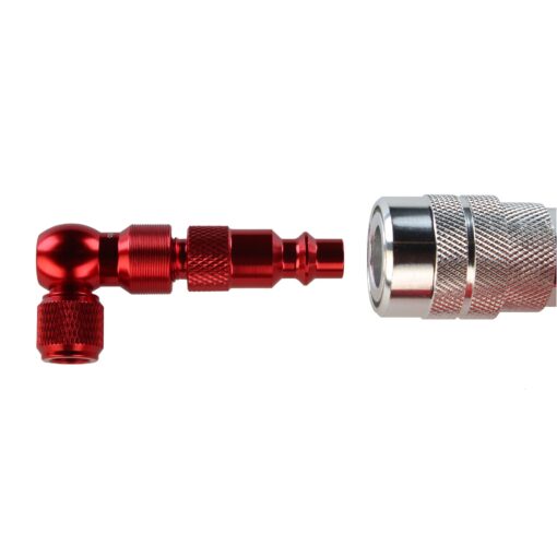A close-up of the Prestacycle Prestaflator Micro CO2/Air Compressor/Pump Bundle shows its red metal inflation head and silver coupler with knurled textures, both aligned against a white background.