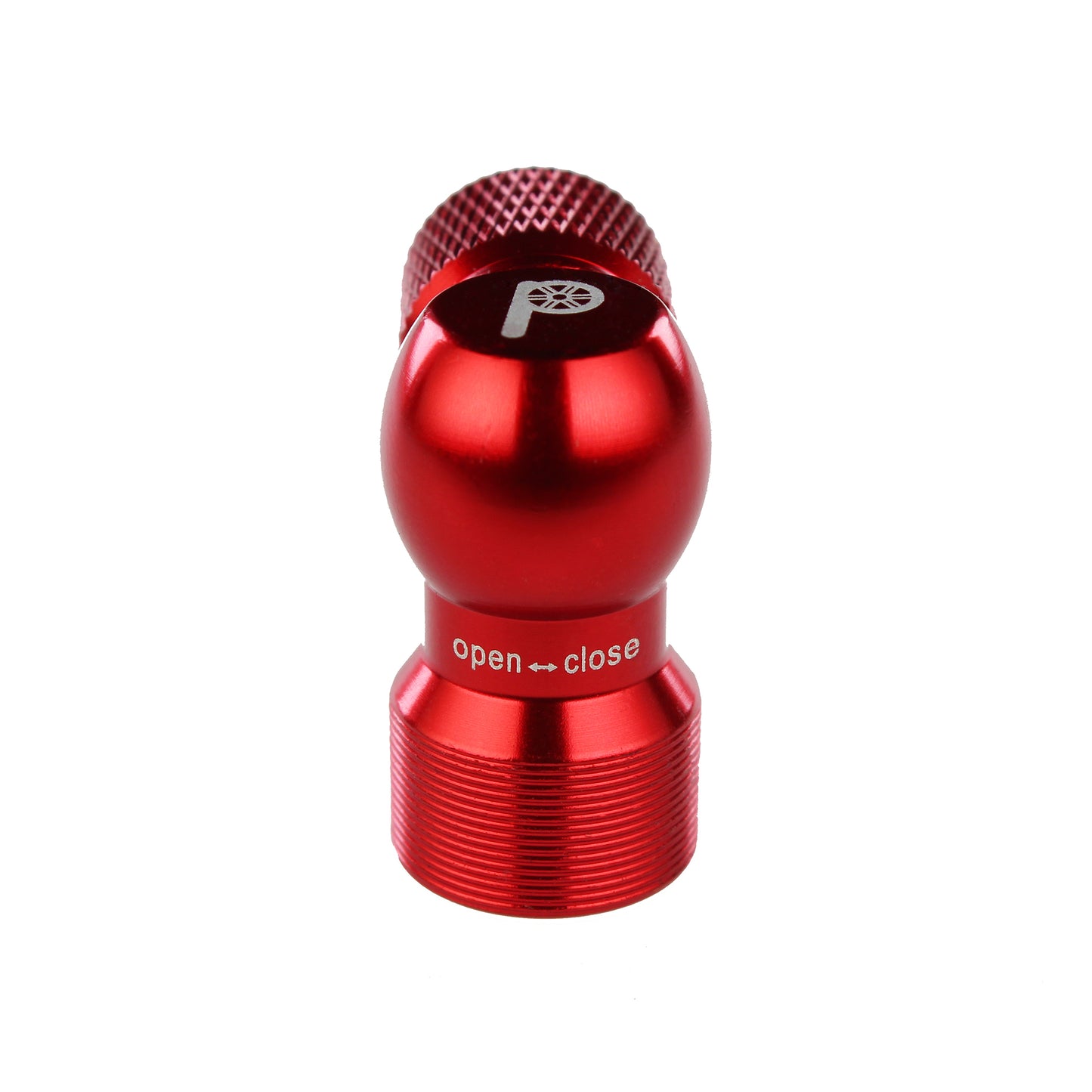 The Prestacycle Prestaflator Micro - CO2 / Air Compressor / Pump Bundle features a red metal valve cap with a knurled top, labeled open ↔ close in white text, ideal for controlling airflow in tire inflators or as an air compressor adapter.