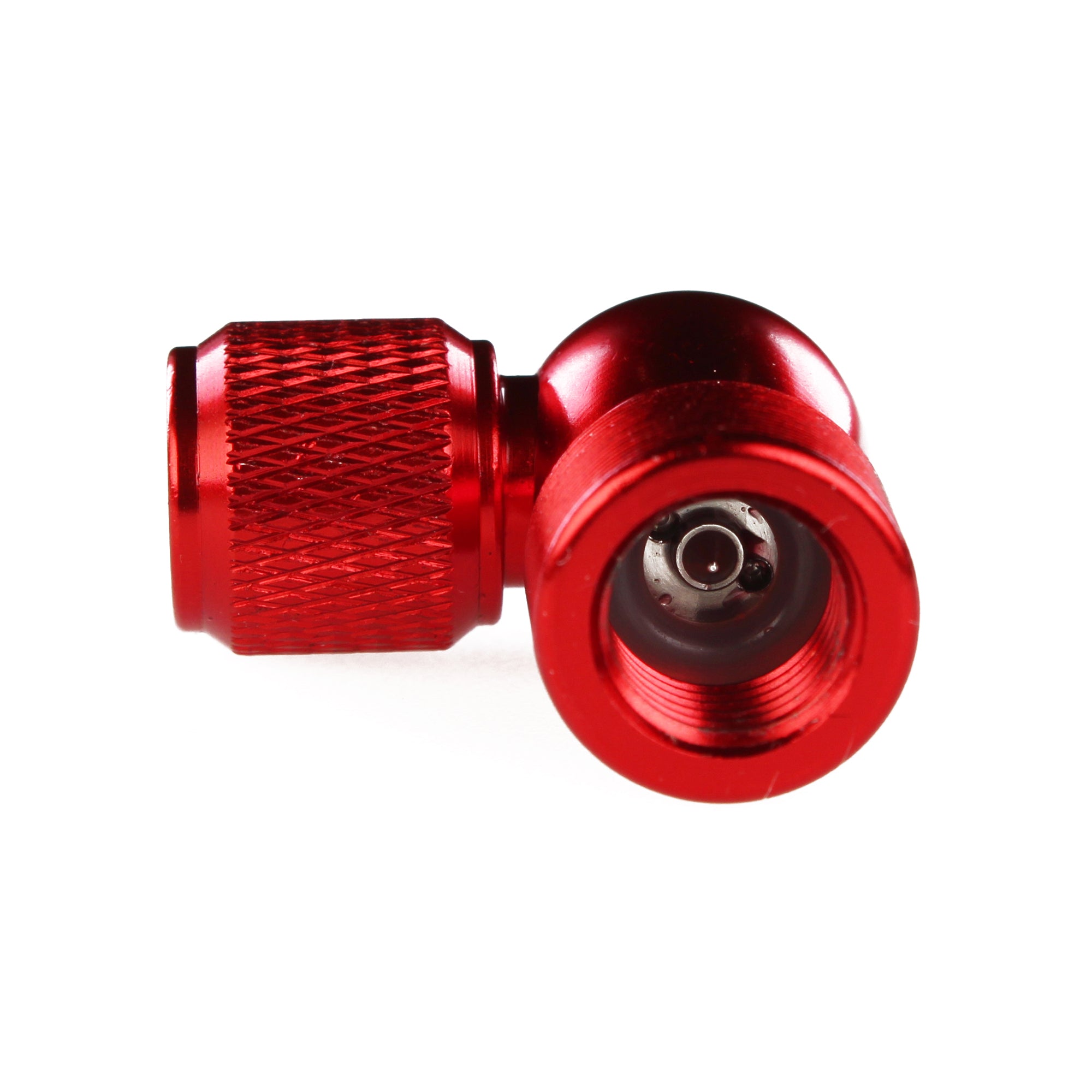 A close-up of the Prestacycle Prestaflator Micro CO2 / Air Compressor / Pump Bundles red metallic knurled inflation head connector, designed for valve or hose attachment, shown against a white background.