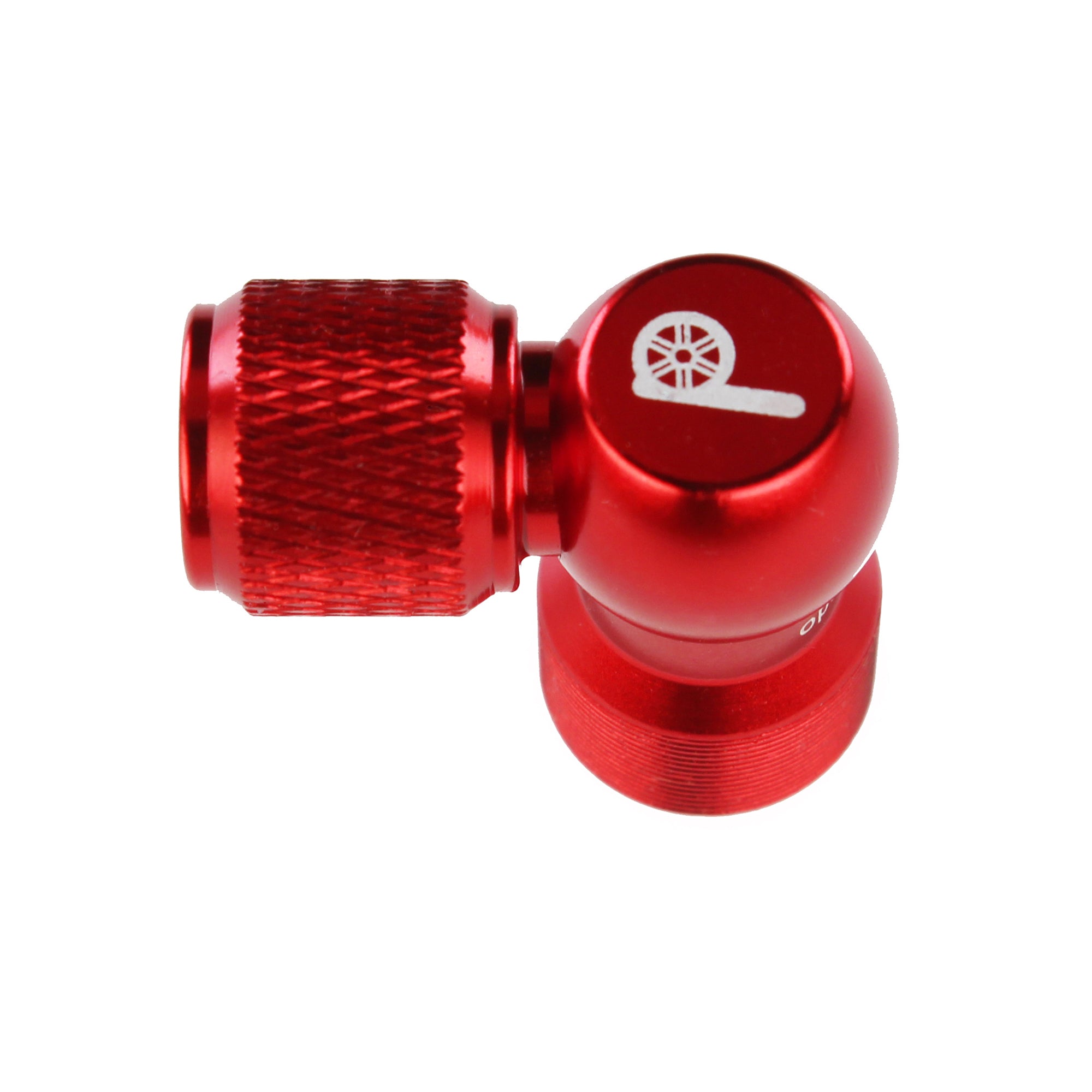 A close-up of the Prestacycle Prestaflator Micro CO2 / Air Compressor / Pump Bundles red metallic tire valve adapter, featuring a knurled grip and a white tire-with-valve symbol printed on the top.
