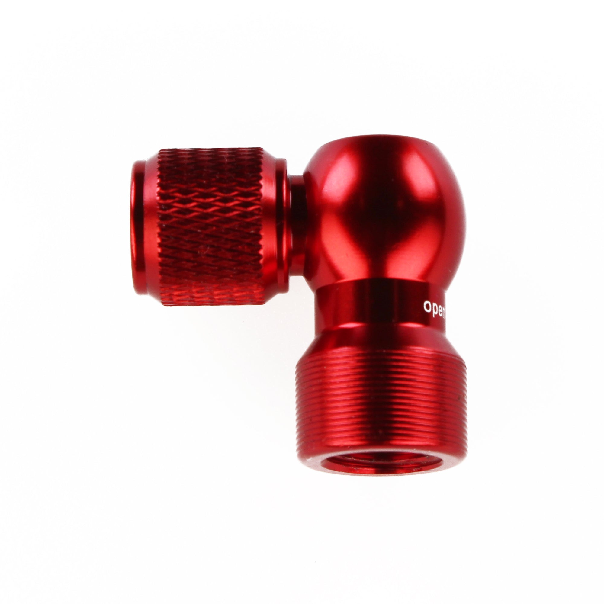 The Prestacycle Prestaflator Micro - CO2 / Air Compressor / Pump Bundle features a shiny red metal inflation head with knurled grips, two cylindrical ends at a right angle, and an OPEN marking, displayed on a plain white background.