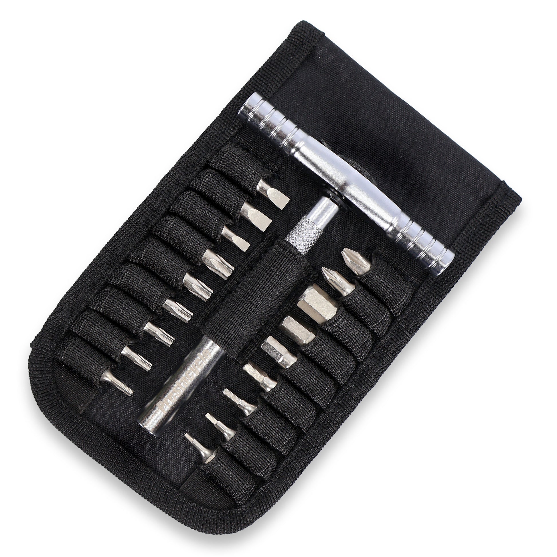 The Prestacycle T-Ratchet Pro Wallet Kit features a black pouch with a silver T-Ratchet Tool handle and S2 Steel Hex Bits—an essential addition to your Bicycle Hand Tools collection from Prestacycle.