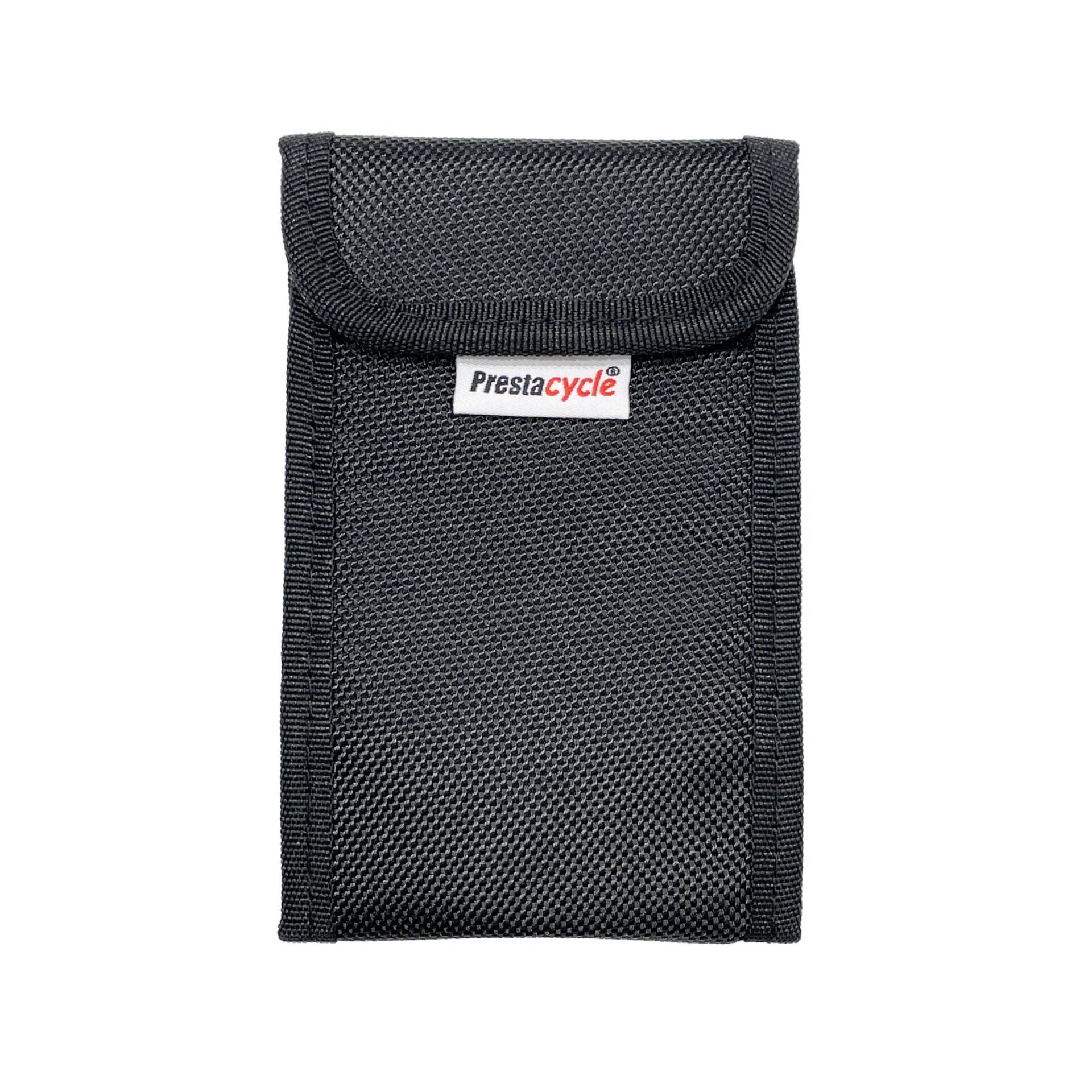 The Prestacycle T-Ratchet Pro Wallet Kit features a black textured nylon pouch with flap closure and a subtle front Prestacycle logo tag. Ideal for storing bike hand tools or the T-Ratchet set. Shown against a white background.