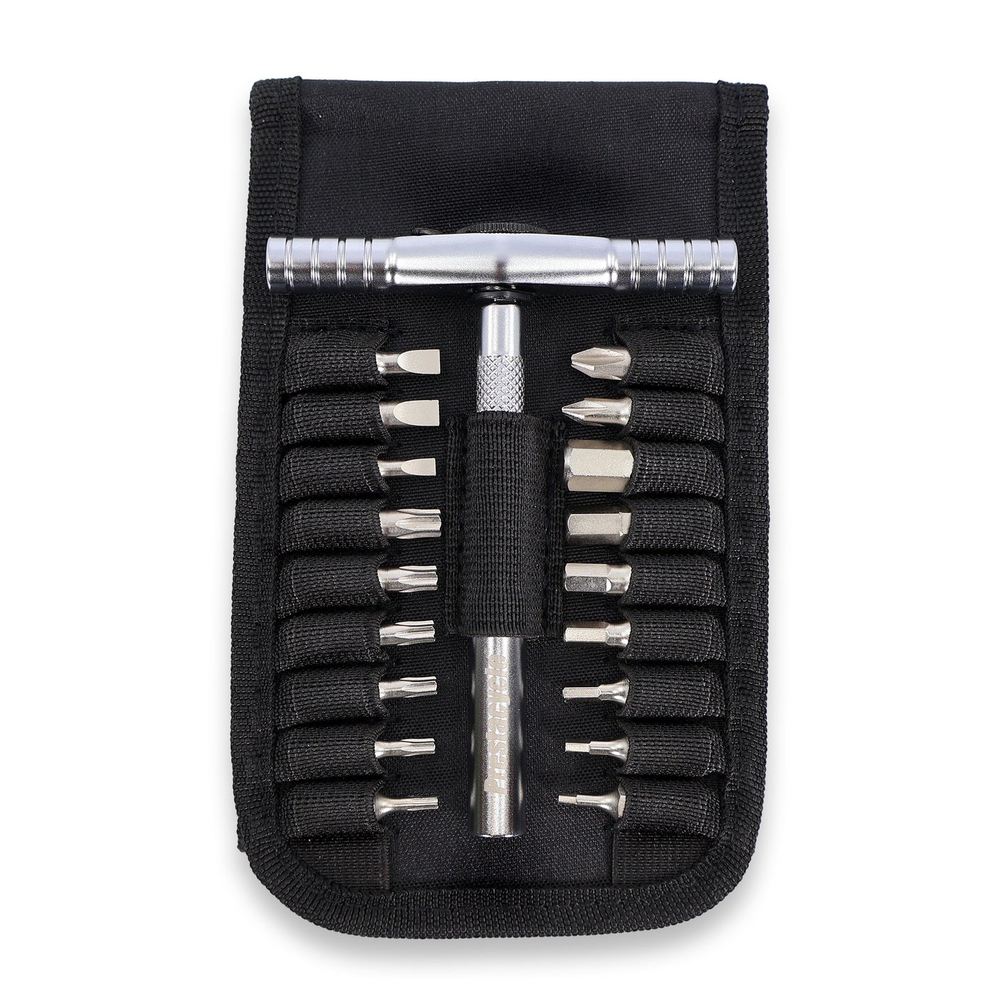 The Prestacycle T-Ratchet Pro Wallet Kit by Prestacycle features a black pouch holding a silver T-Ratchet Tool screwdriver and fifteen S2 Steel Hex Bits in assorted sizes, all securely organized in elastic loops.