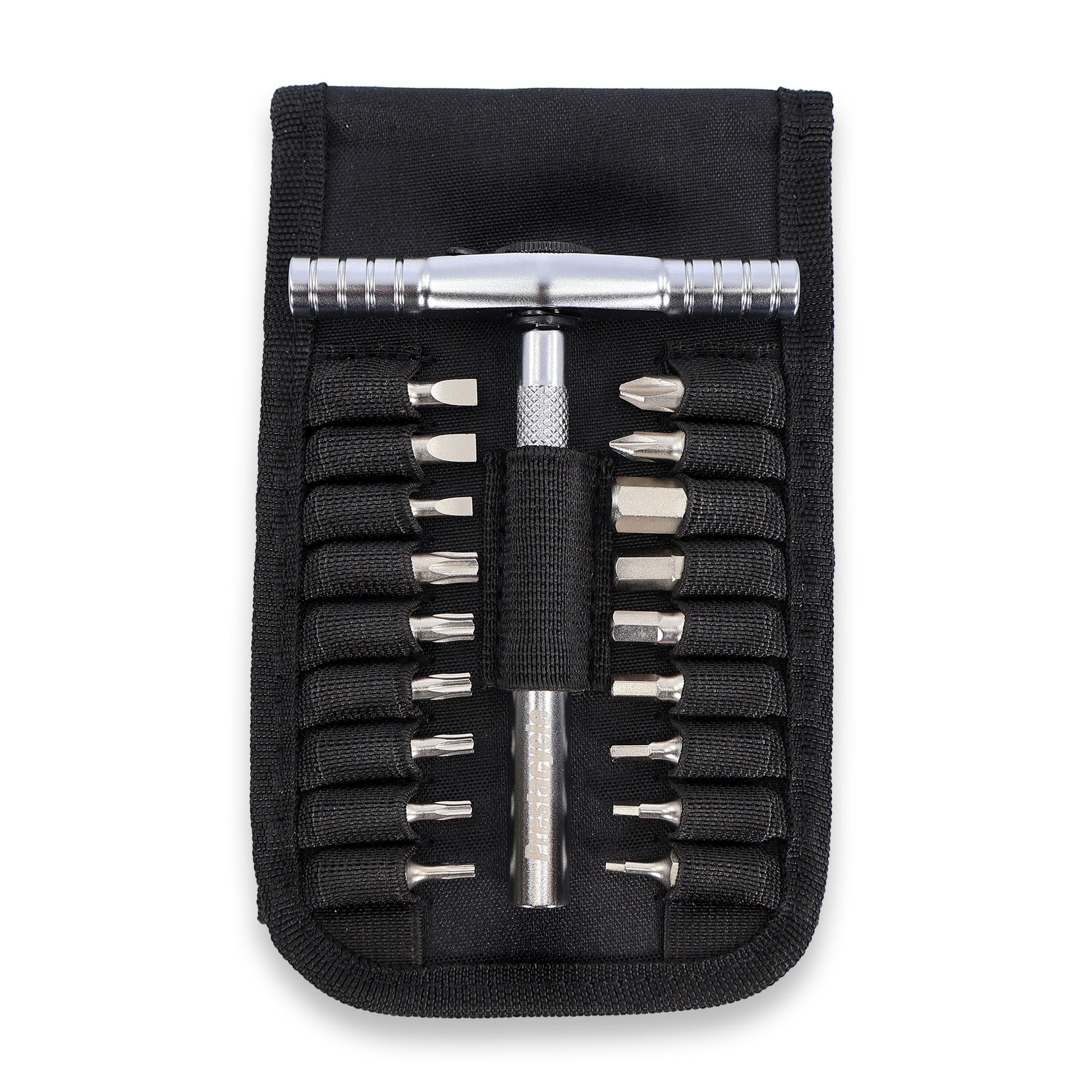The Prestacycle T-Ratchet Pro Wallet Kit by Prestacycle features a black pouch holding a silver T-Ratchet Tool screwdriver and fifteen S2 Steel Hex Bits in assorted sizes, all securely organized in elastic loops.