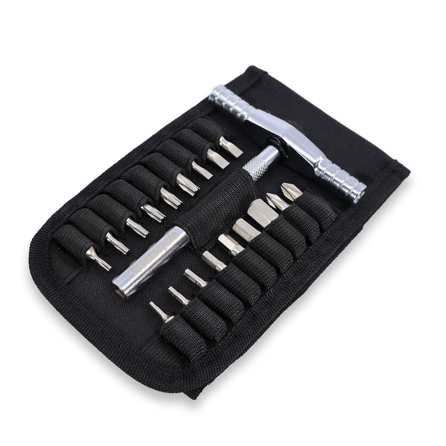 The Prestacycle T-Ratchet Pro Wallet Kit by Prestacycle is a compact black tool kit with S2 Steel Hex Bits, a handle, and a small extension rod secured in elastic loops in a fabric pouch—ideal for cyclists needing reliable hand tools.
