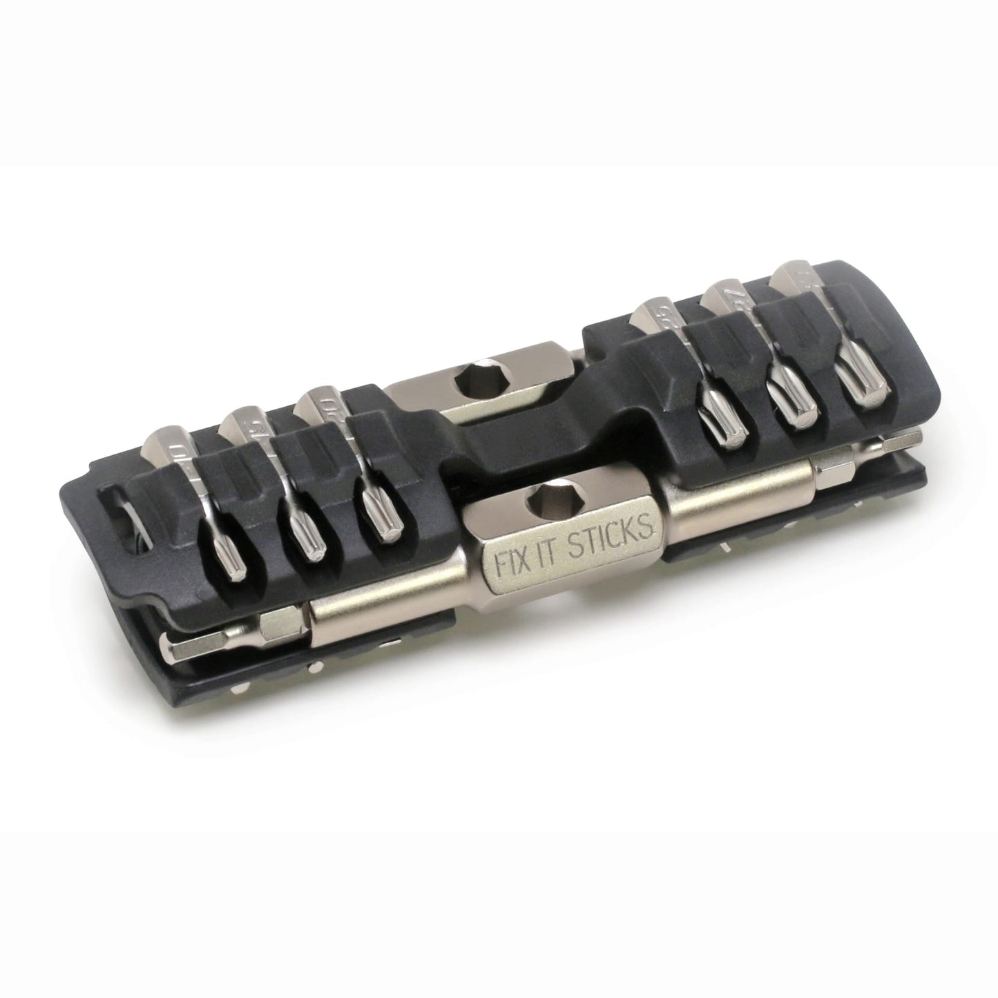 The Prestacycle Fixit Sticks Pro is a compact, black and silver bicycle tool set with interchangeable 1/4″ hex bits, all secured in a portable holder.