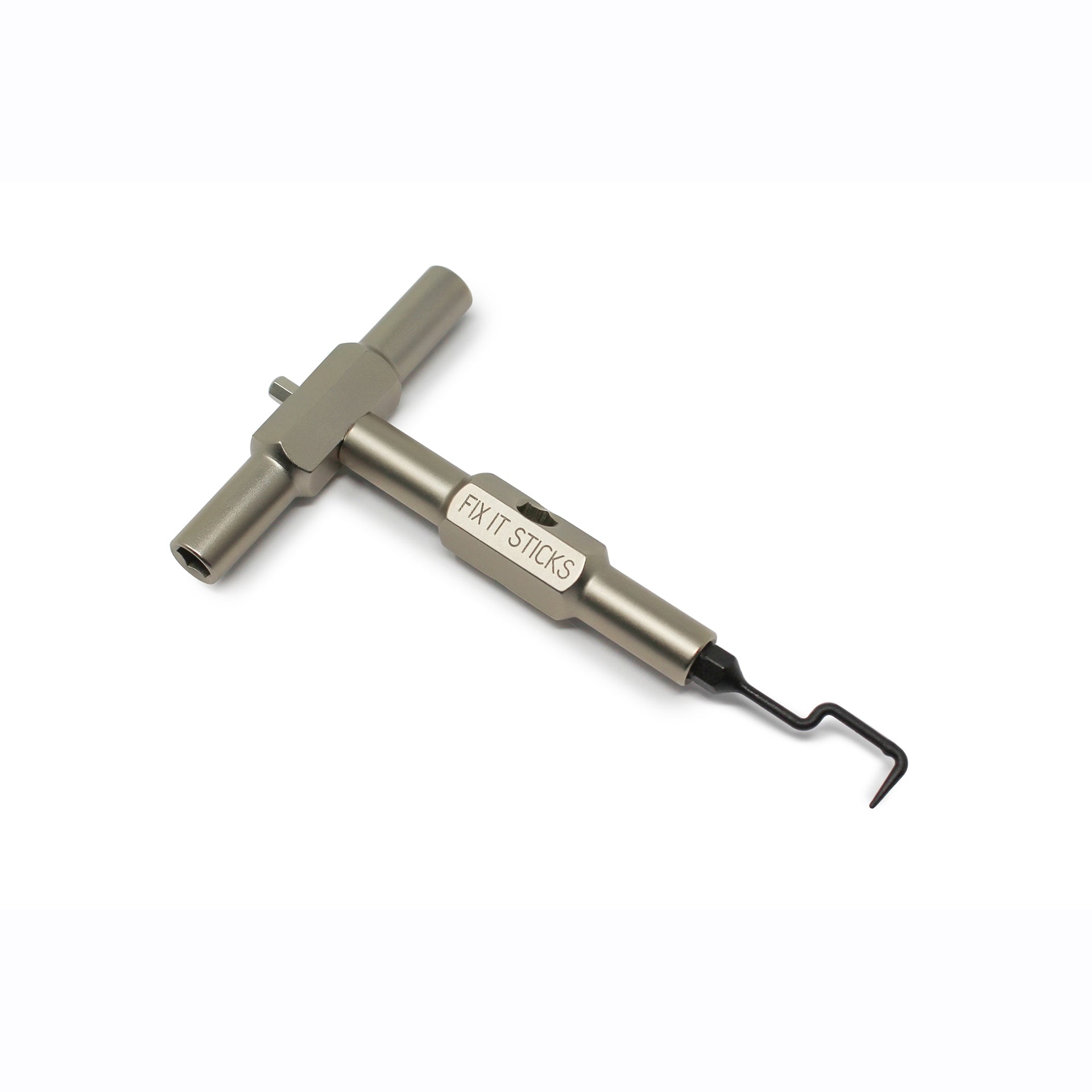 The Prestacycle Dental Pick Specialty Bit by Prestacycle features a T-shaped handle and a hooked, angled tip—perfect for precision work, adjusting tool accessories, or cleaning chains and cogs.