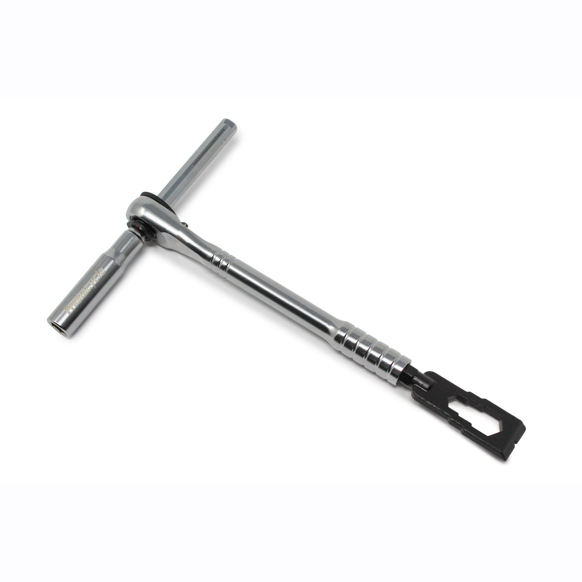 The Prestacycle Mini Pry Bar Specialty Bit by Prestacycle is a metal ratchet wrench with a T-shaped handle and an attached black rectangular tool, designed for portability and shown on a white background.