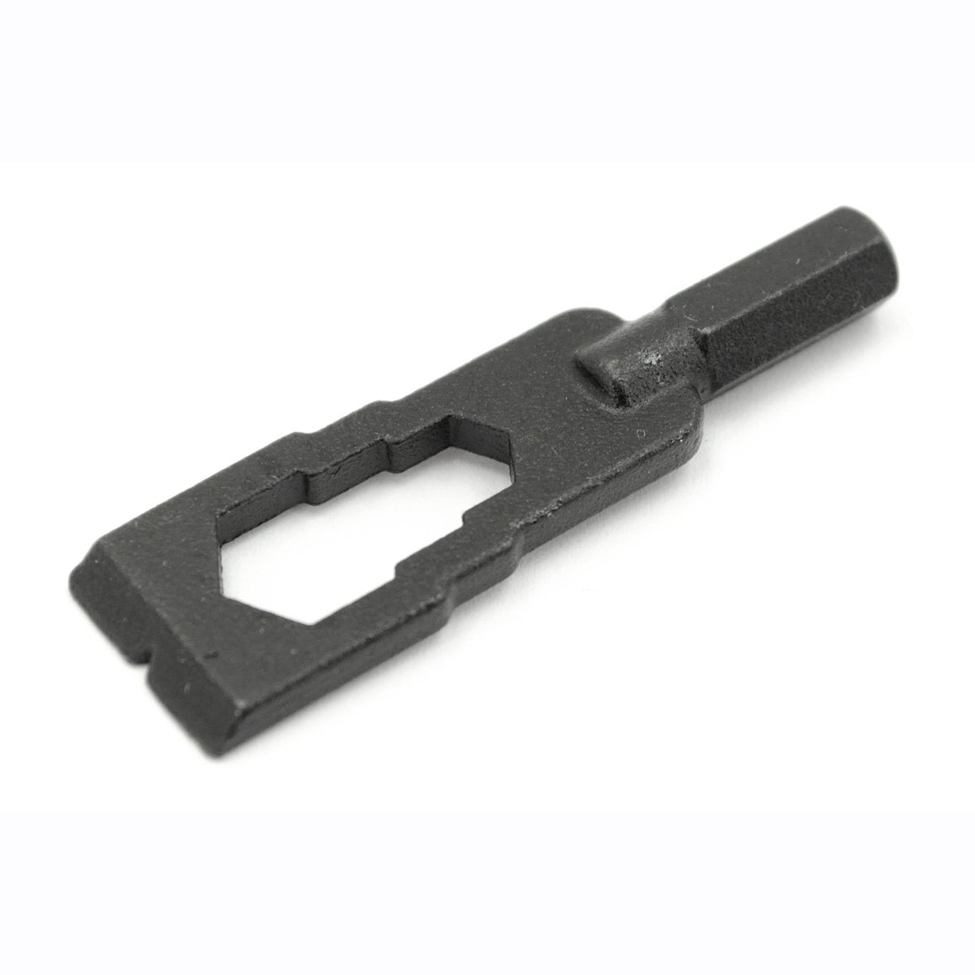 The Prestacycle Mini Pry Bar Specialty Bit by Prestacycle is a black metal tool with a hexagonal center cut-out, a notched edge, and a narrow cylindrical handle, offering portable functionality for bit tools.