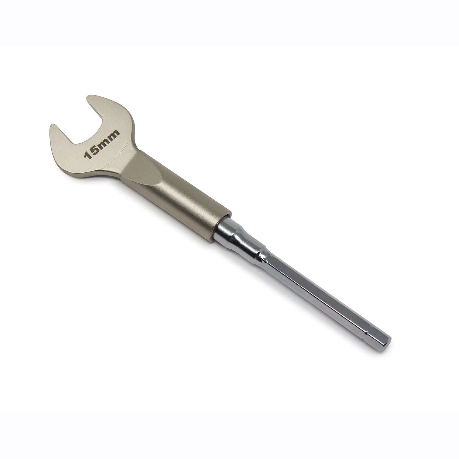 The Prestacycle 15mm Wrench Specialty Bit by Prestacycle features a long, cylindrical metallic handle, ideal for working with threaded hub axles; shown isolated on a white background.