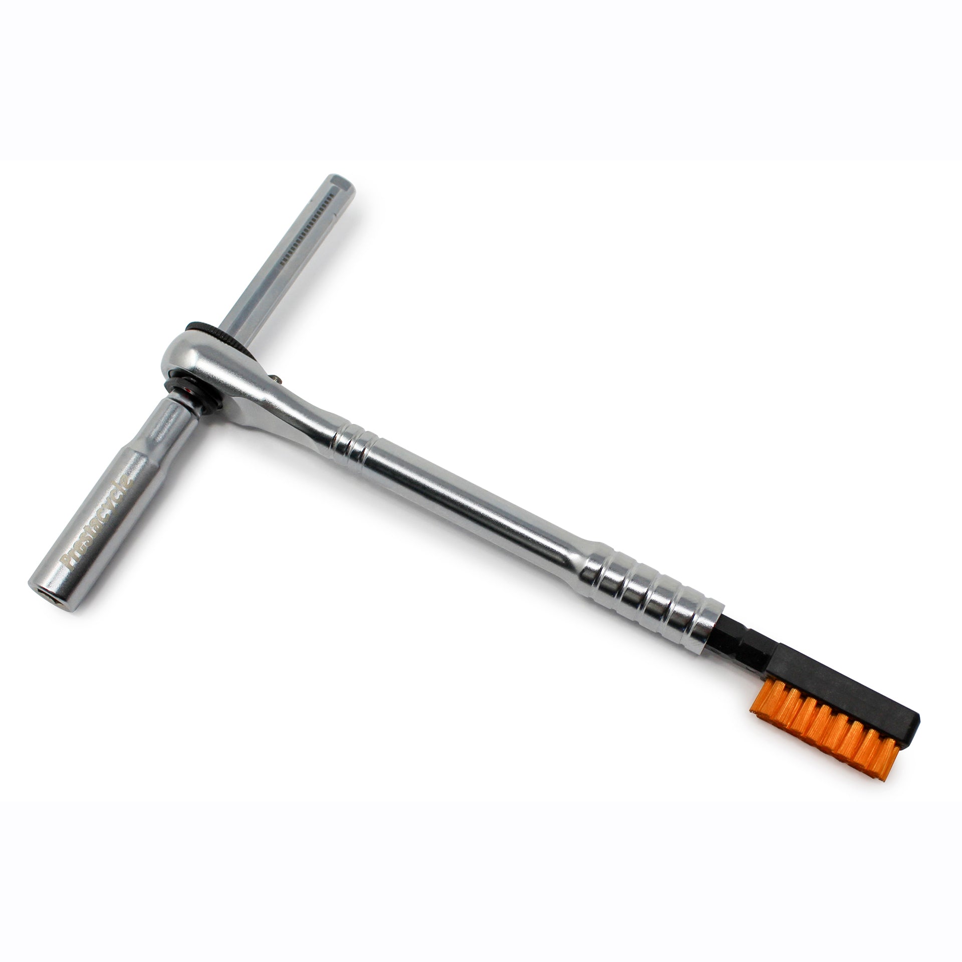 A Prestacycle Chain Cleaning & Lubricating Brush Specialty Bit and a metal ratchet wrench lie T-shaped on a white background—practical bike tools from Prestacycle, perfect for cleaning your chain.