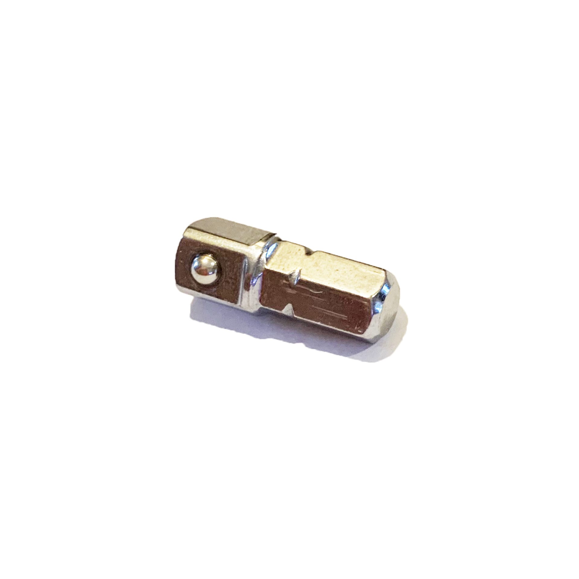 The Prestacycle Professional Low-Profile 1/4 Hex to 1/4 Square Socket Adapter is a compact, metallic hexagonal adapter made of hardened S2 steel by Prestacycle, shown on a white background.
