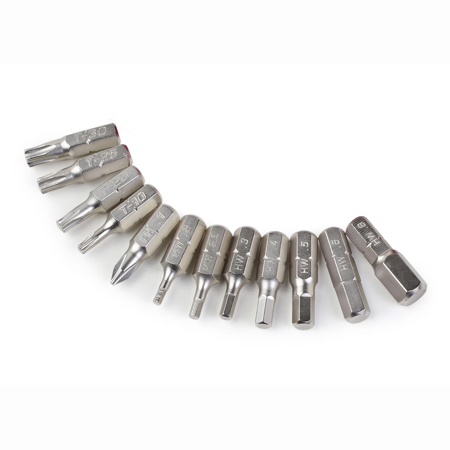 The Prestacycle Professional 12 piece 1/4 S2 Hex Bits Set by Prestacycle features twelve silver S2 steel bits with assorted tip shapes and sizes, neatly arranged in a curved row on a white background.