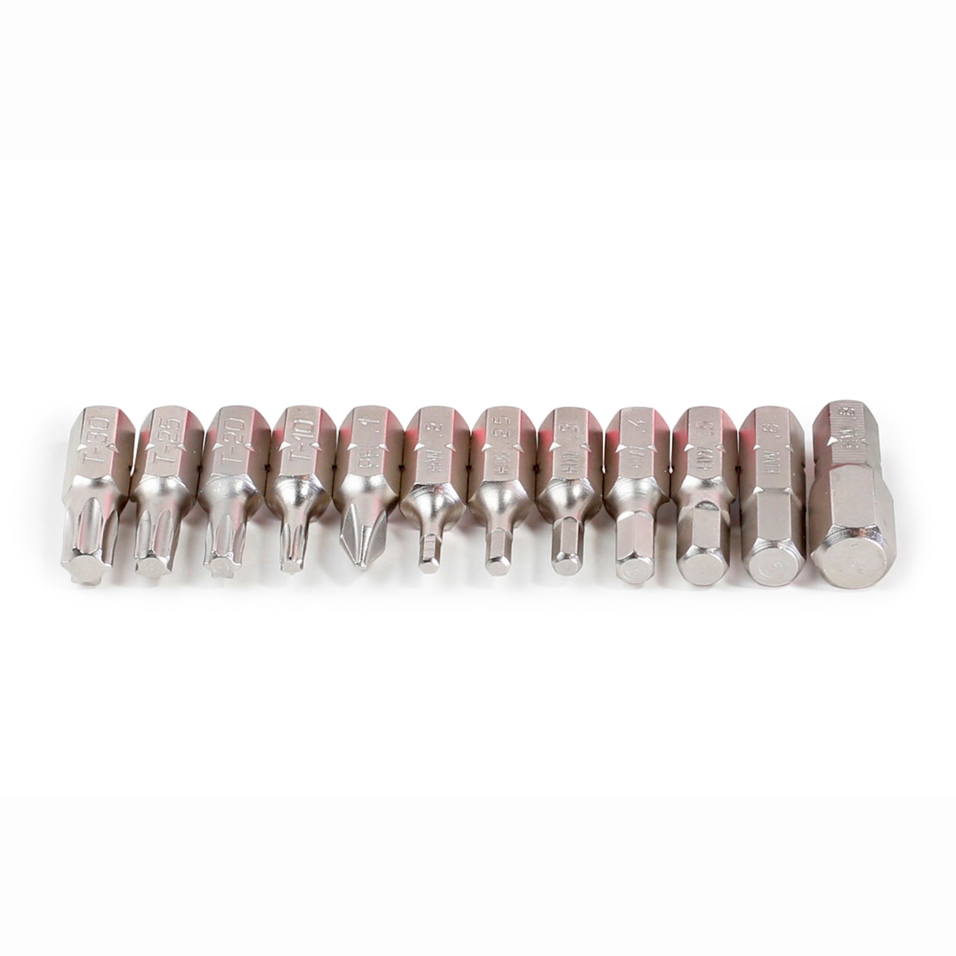 The Prestacycle Professional 12 piece 1/4 S2 Hex Bits Set by Prestacycle features twelve S2 steel bits in assorted shapes and sizes, neatly arranged on a white background.