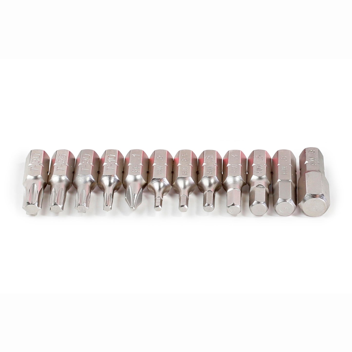 A row of thirteen assorted metallic bits from the Prestacycle Pro TorqKeys T-Handle Torque Tool (4–12Nm), including flathead, Phillips, Torx, and hex types, is displayed side by side on a white background. Includes 18 bits total.