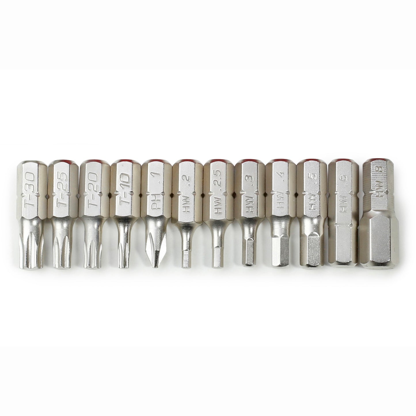 The Prestacycle Pro TorqKeys T-Handle Torque Tool bundle includes settings from 4Nm to 12Nm and comes with 18 assorted bits, each labeled by type and size, all arranged on a white background—ideal for precise torque applications.