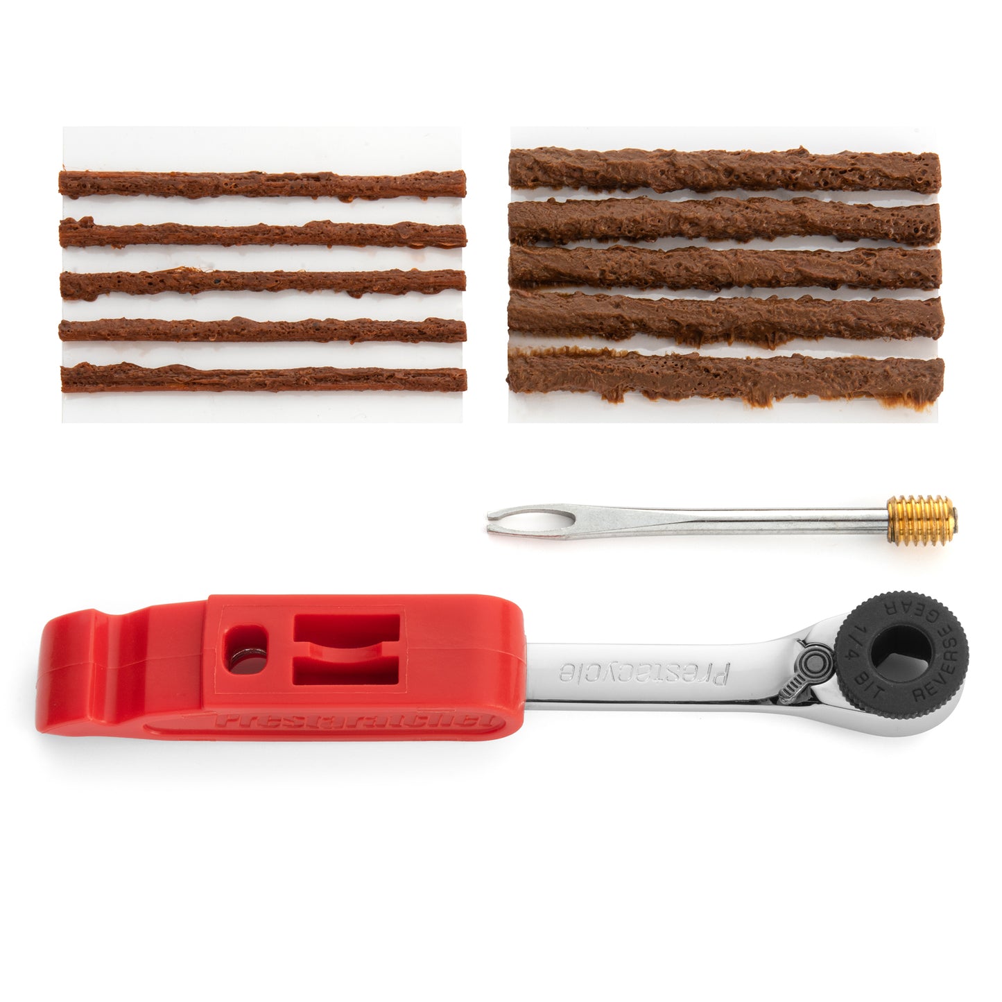 The Prestacycle GO Bundle is an 8-in-1 complete tool kit featuring a ratcheting multi-tool, plugs, strips, insertion tool, brass valve, and more—ultralight and perfect for any bike repair on the go!.