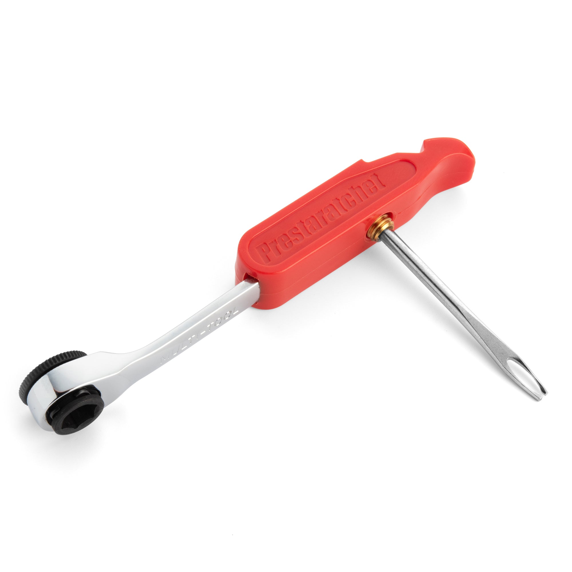 The Prestacycle GO Bundle is an 8-in-1 compact multi-tool kit, featuring a red L-shaped handle with ratcheting wrench and flathead screwdriver. Perfect for any ultralight bike tool kit or as a portable bicycle multi-tool.