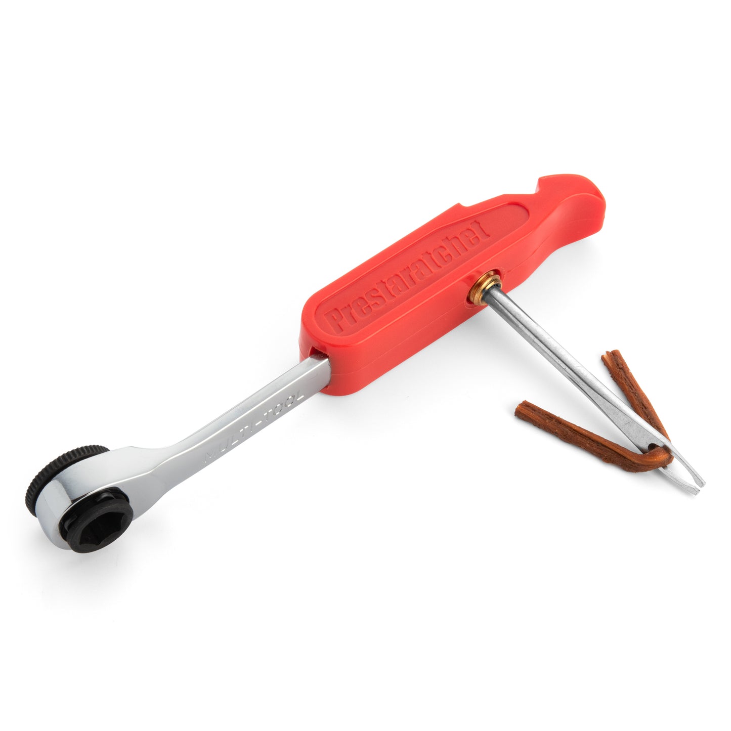 The Prestacycle GO Bundle is an 6-in-1 ratcheting multi-tool kit featuring a wrench and screwdriver with a brown leather strap—perfect for any ultralight bike tool kit.