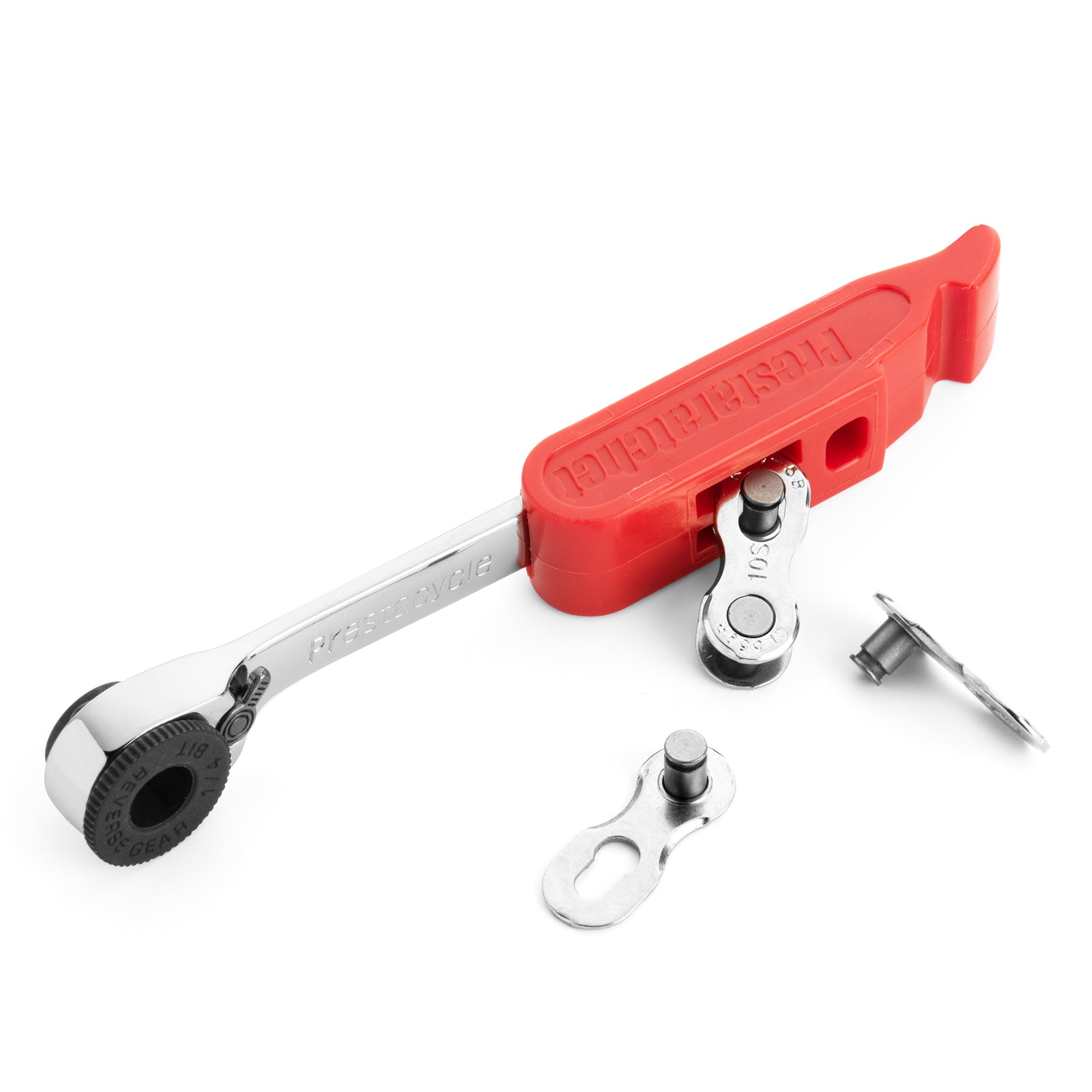 The Prestacycle Prestaratchet GO Multi-tool Kit is a red and silver reversible ratchet tool with 5 functions, detachable chain link, and chain pin parts, displayed on a white background.