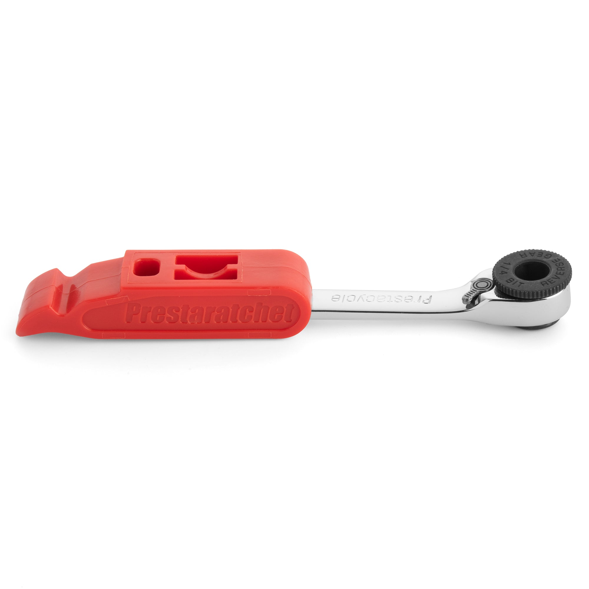 The Prestacycle Prestaratchet GO Multi-tool Kit is a compact 5-in-one tool with a red plastic case and reversible ratchet wrench, ideal for tightening or loosening bolts and screws, plus a presta valve core tool for versatility.