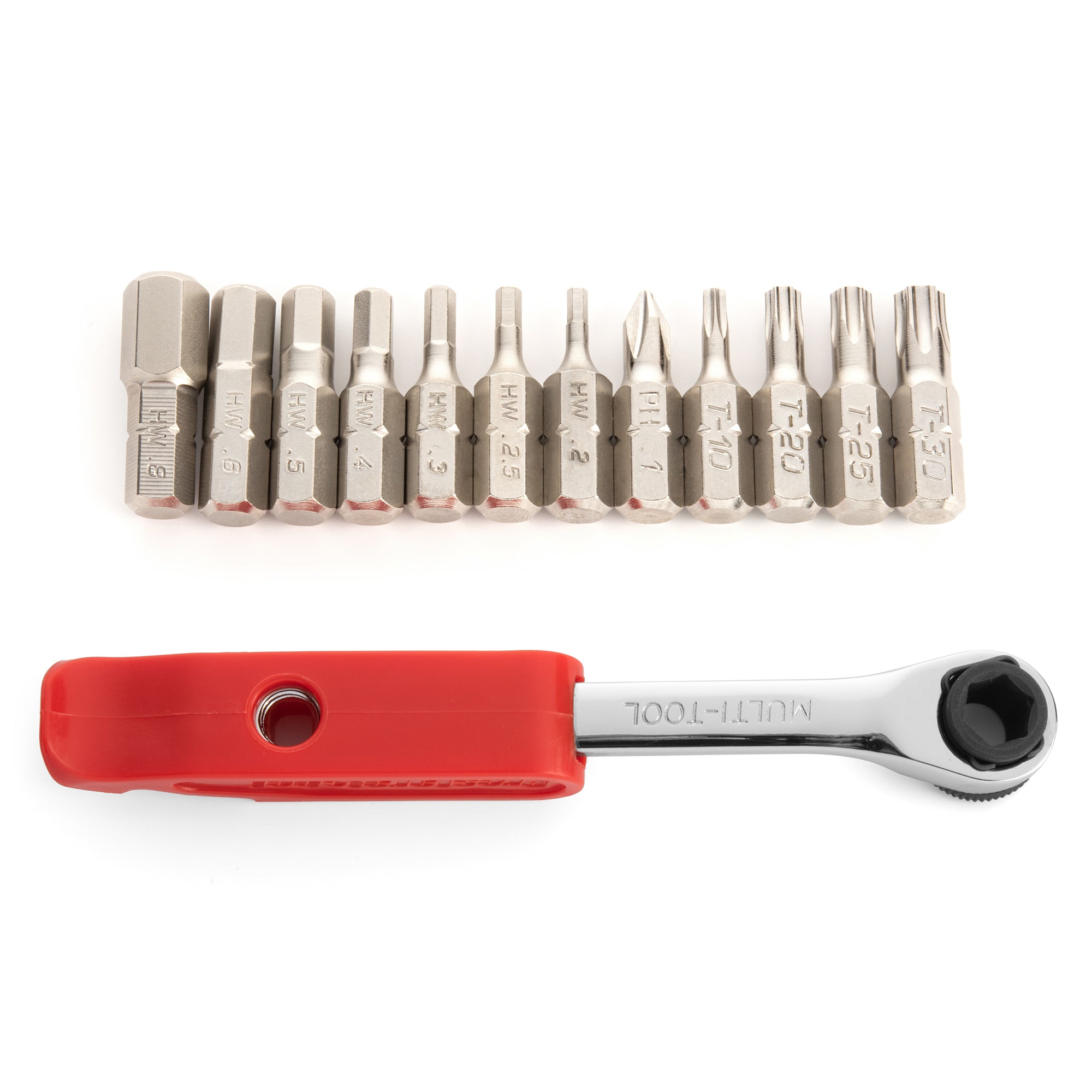 The Prestacycle Prestaratchet GO Multi-tool Wallet Kit features a set of 12 metal bits arranged above a red and silver ratchet handle, all displayed on a white background.