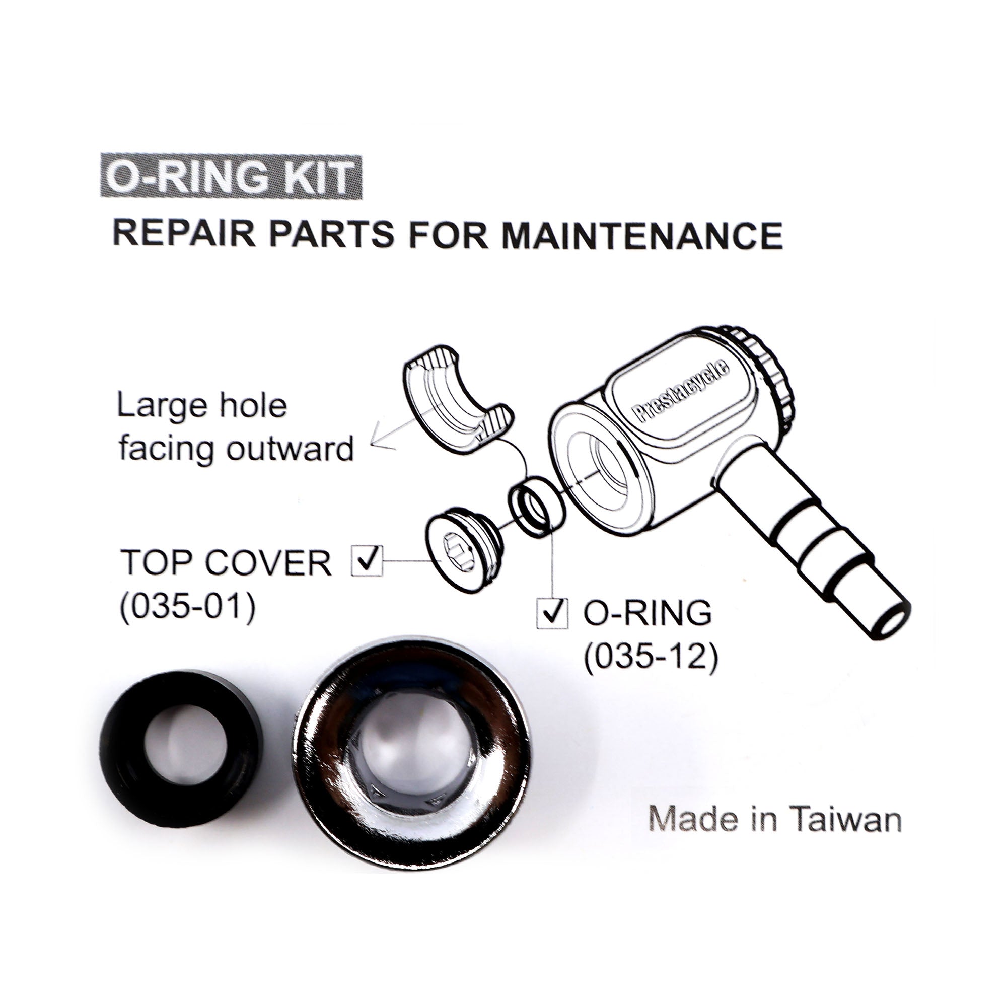 The Prestacycle Prestaflator Pro Presta Head Rebuild Kit includes a top cover, O-ring, and cover piece. Diagram and real parts shown; large hole faces outward. All repair kit components are made in Taiwan.