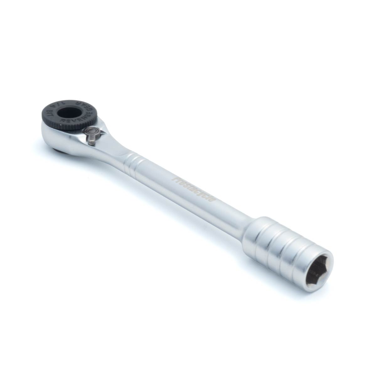 The Prestacycle Prestaratchet Micro Kit features a compact micro ratchet wrench with a short handle, round rotating head, six S2 bits, and a round holder stand, displayed on a white background.