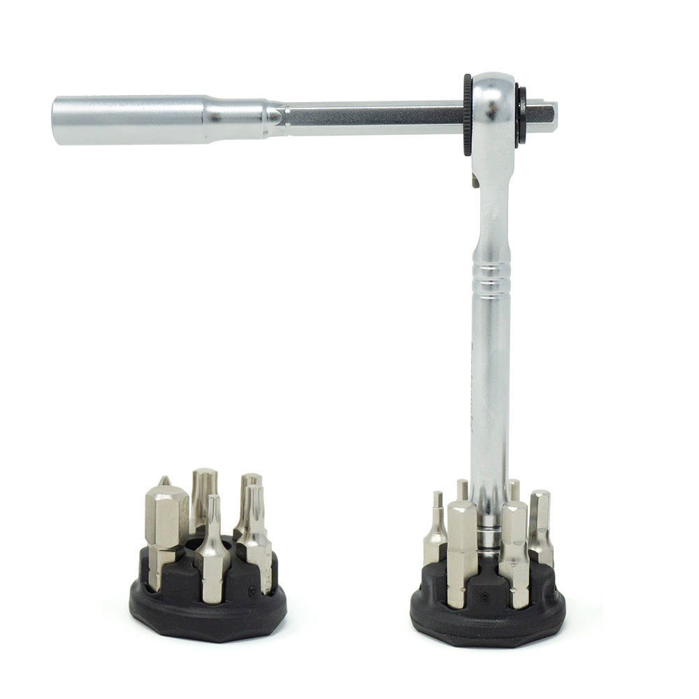The Prestacycle Pro T-Handle Kit by Prestacycle features a metal T-handle ratchet wrench and two black holders with multiple interchangeable 1/4 inch bits, creating a versatile desktop set.