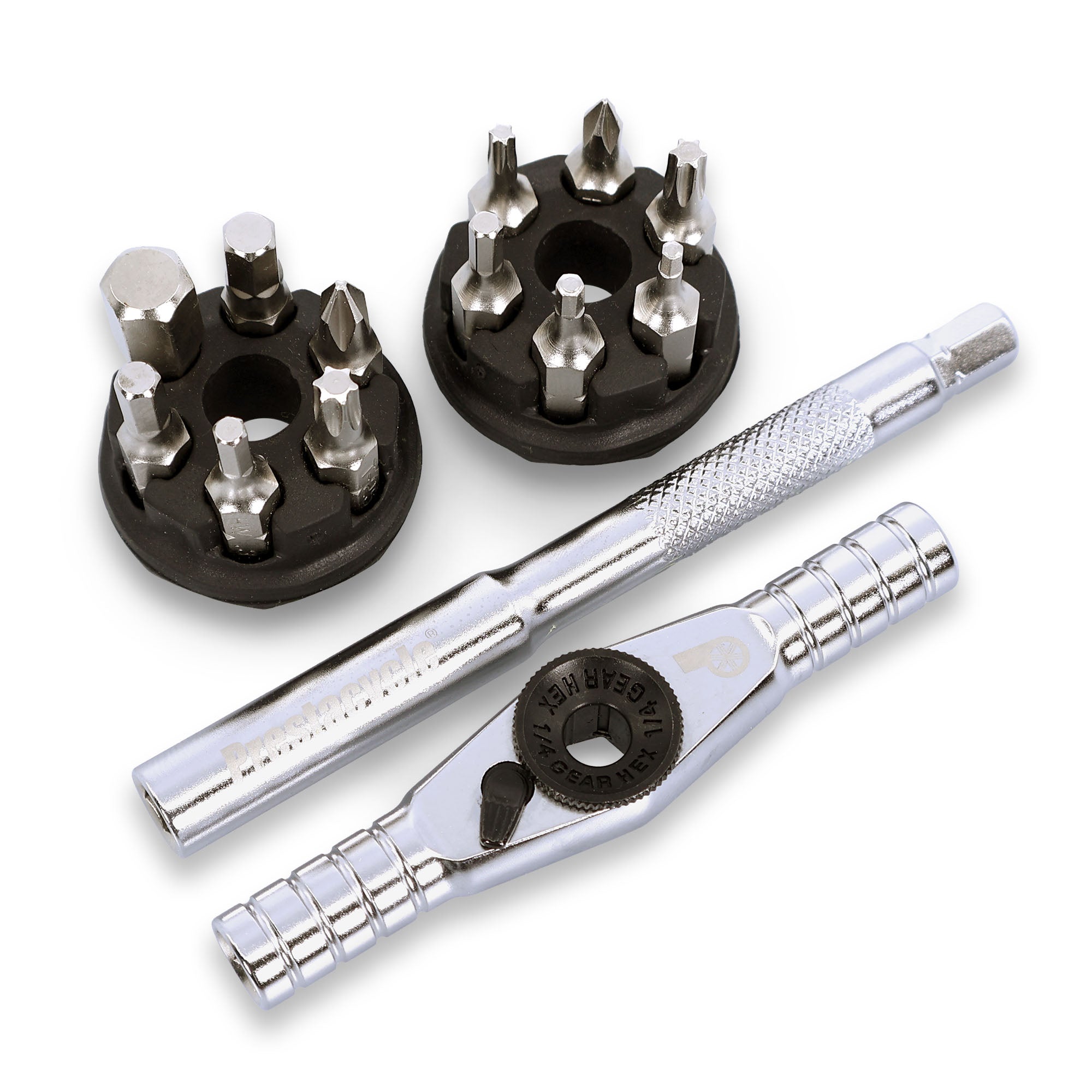 The Prestacycle T-Ratchet Pro Set by Prestacycle includes a metal tap wrench, T-Handle ratchet, and two circular holders with a 1/4 inch screwdriver bit set, all displayed on a white background.
