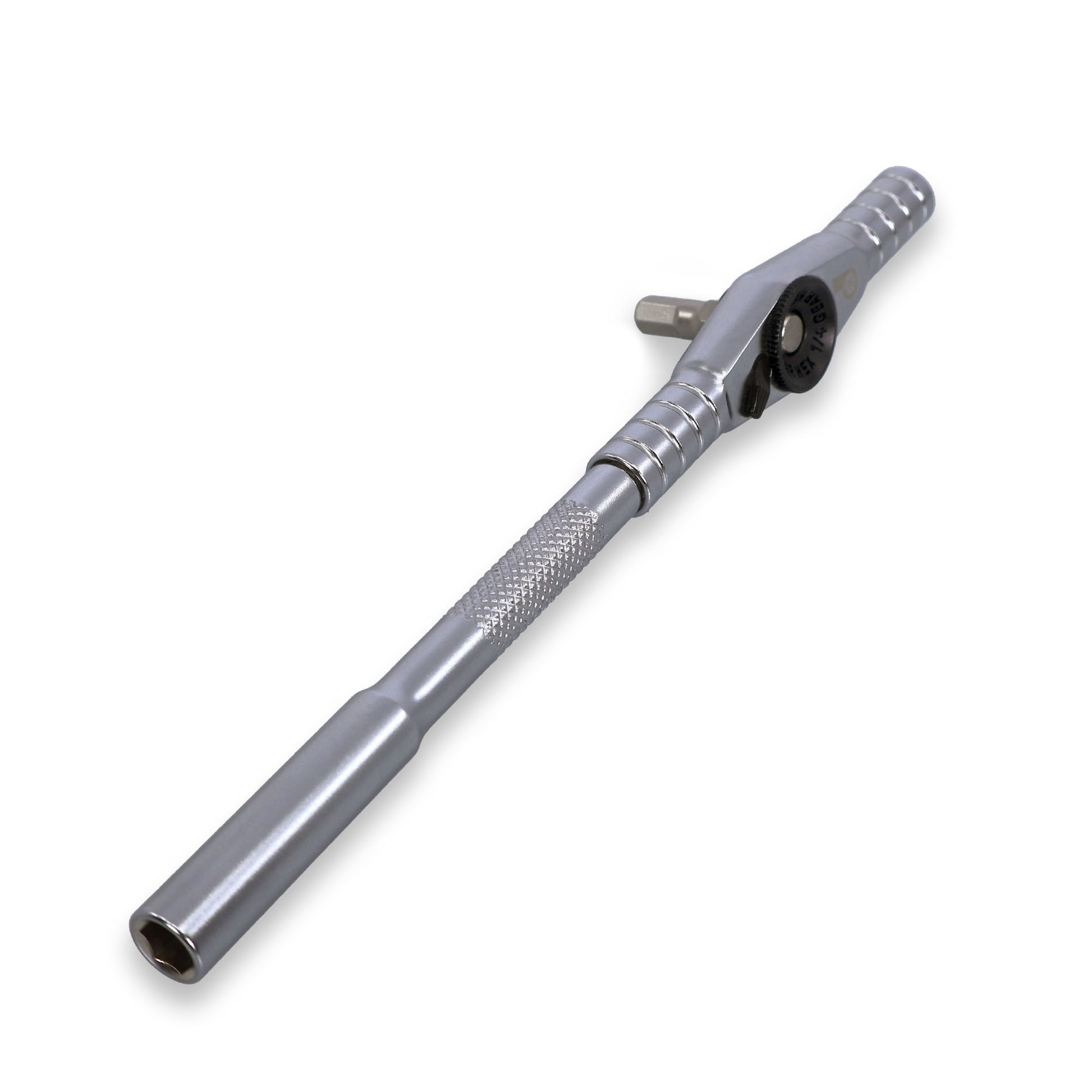 The Prestacycle T-Ratchet Pro Wallet Kit by Prestacycle features a silver T-Ratchet tool with knurled grip and adjustable square drive, compatible with S2 Steel Hex Bits—an essential addition to your bicycle hand tools collection.