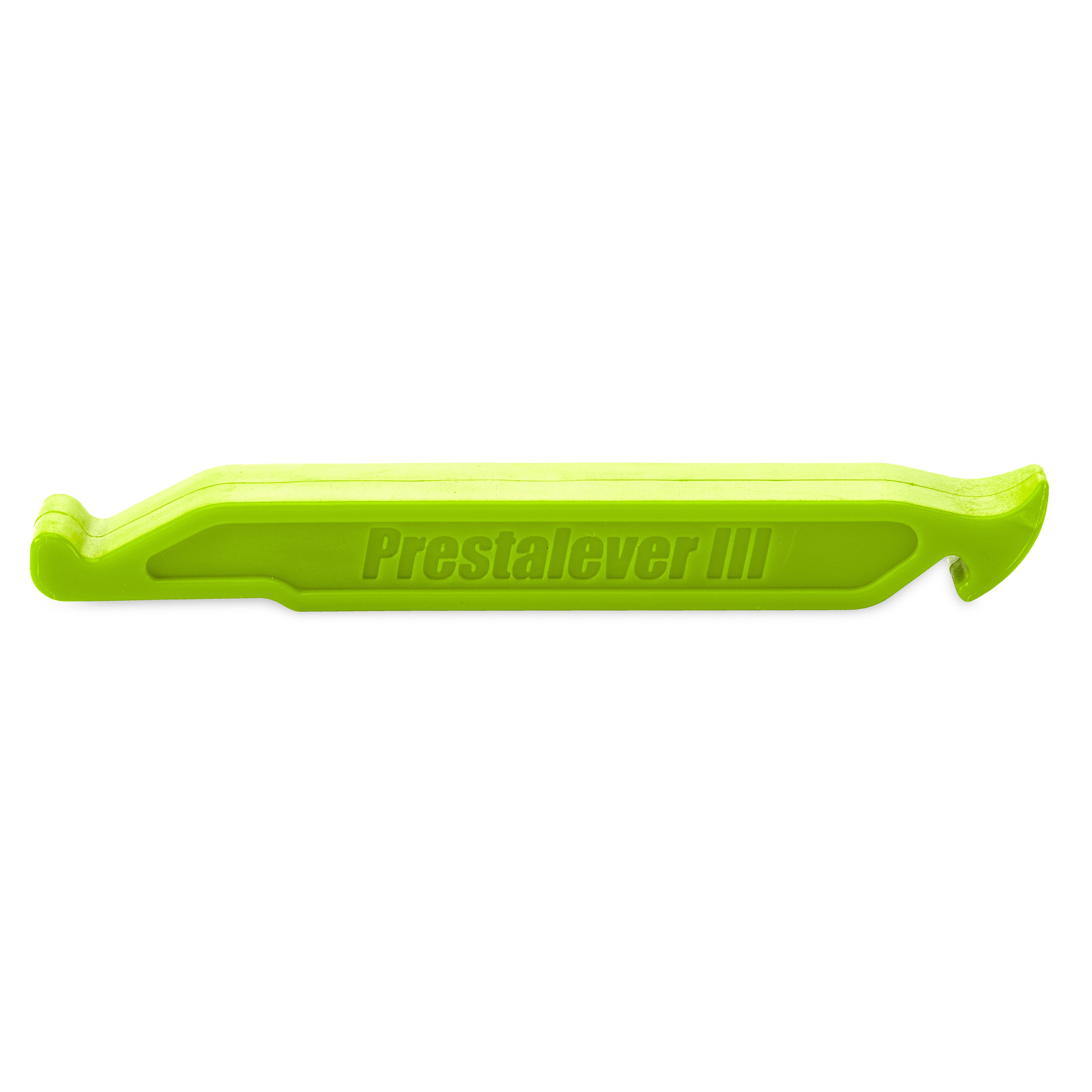 The Prestacycle Prestalever GO is a green plastic multi-tool tire lever with 5 functions, including removing bicycle tires and serving as a handy presta valve core tool.