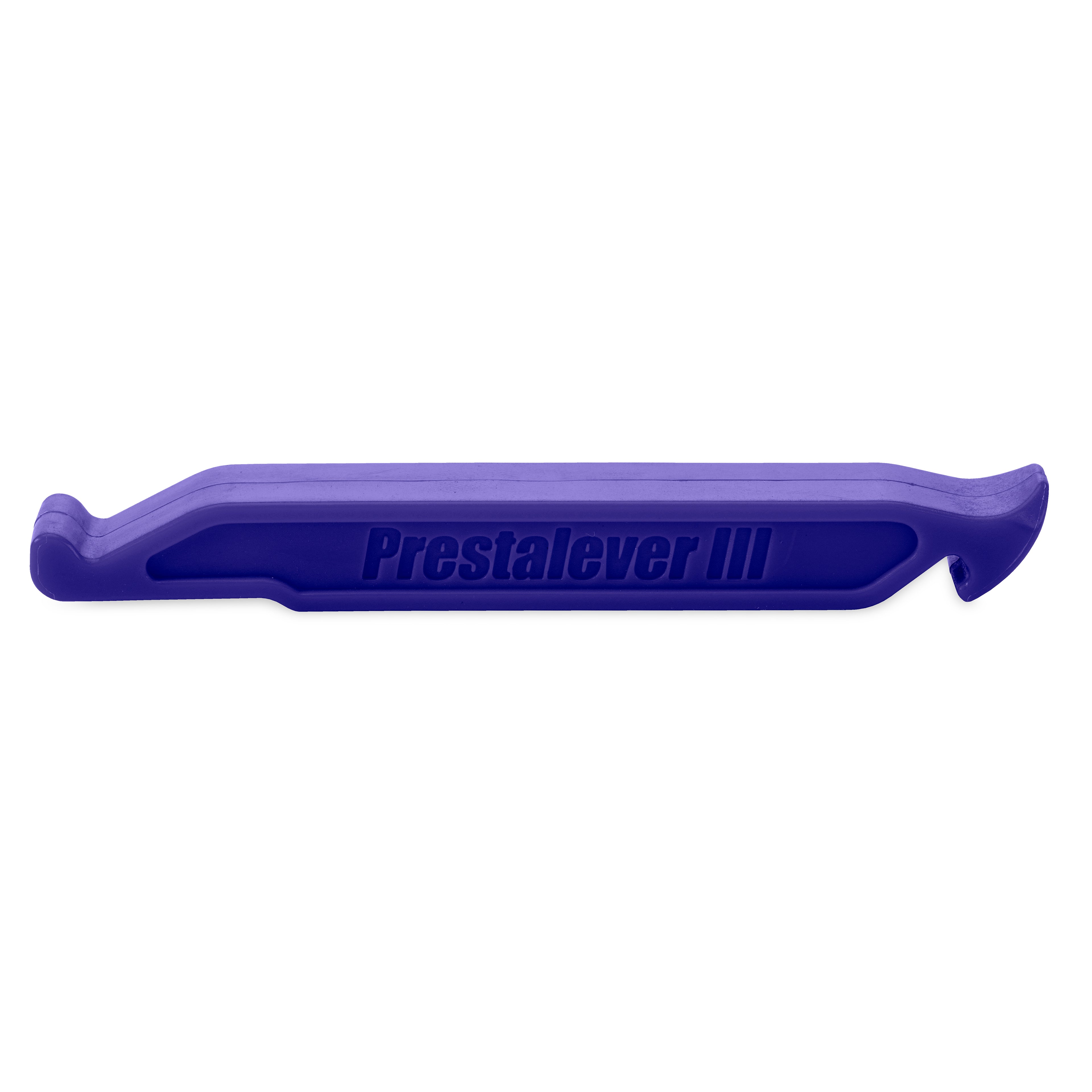 A purple Prestacycle Prestalever GO multi-tool tire lever, featuring 5 functions including a hooked end for tire removal and presta valve core tool, shown from the side on a white background.