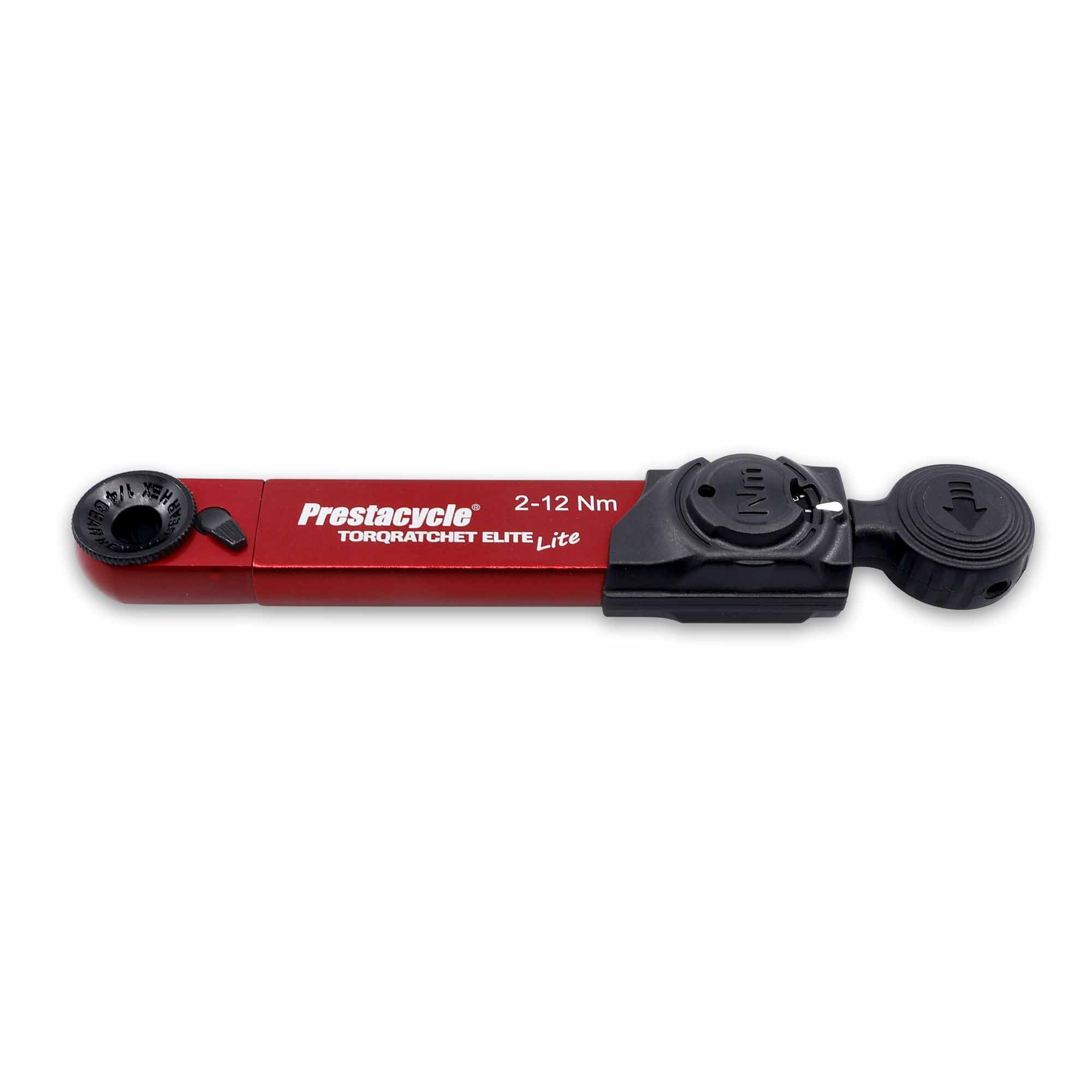 The Prestacycle TorqRatchet ELITE Lite is a compact red and black 2–12Nm portable torque multi-tool ratchet, featuring adjustment dials; shown on a white background.