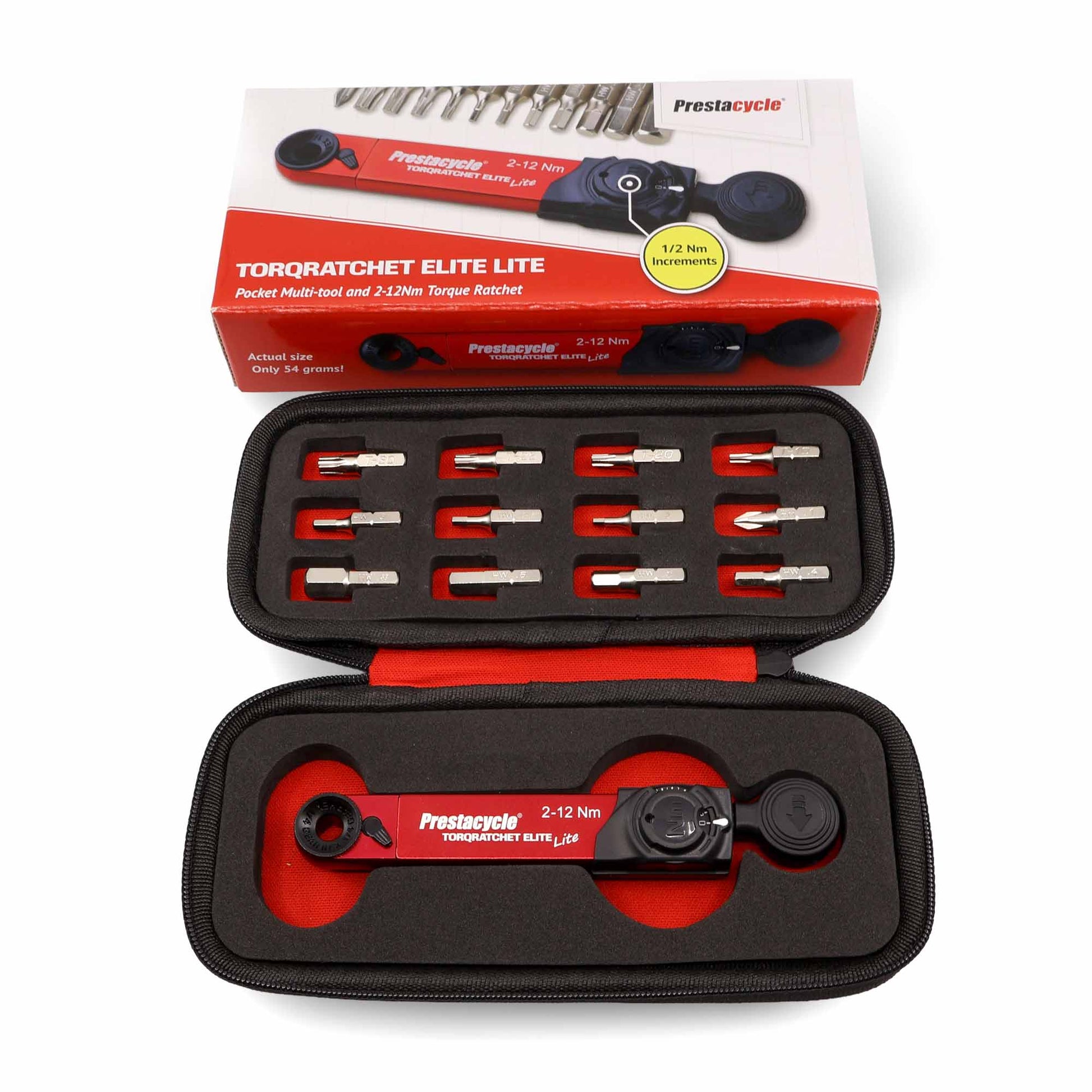 A Prestacycle TorqRatchet ELITE Lite 2~12Nm Portable Torque Multi-tool Ratchet is displayed open with various metal bits and a red ratchet in a black and red foam case, with the product box positioned behind it.