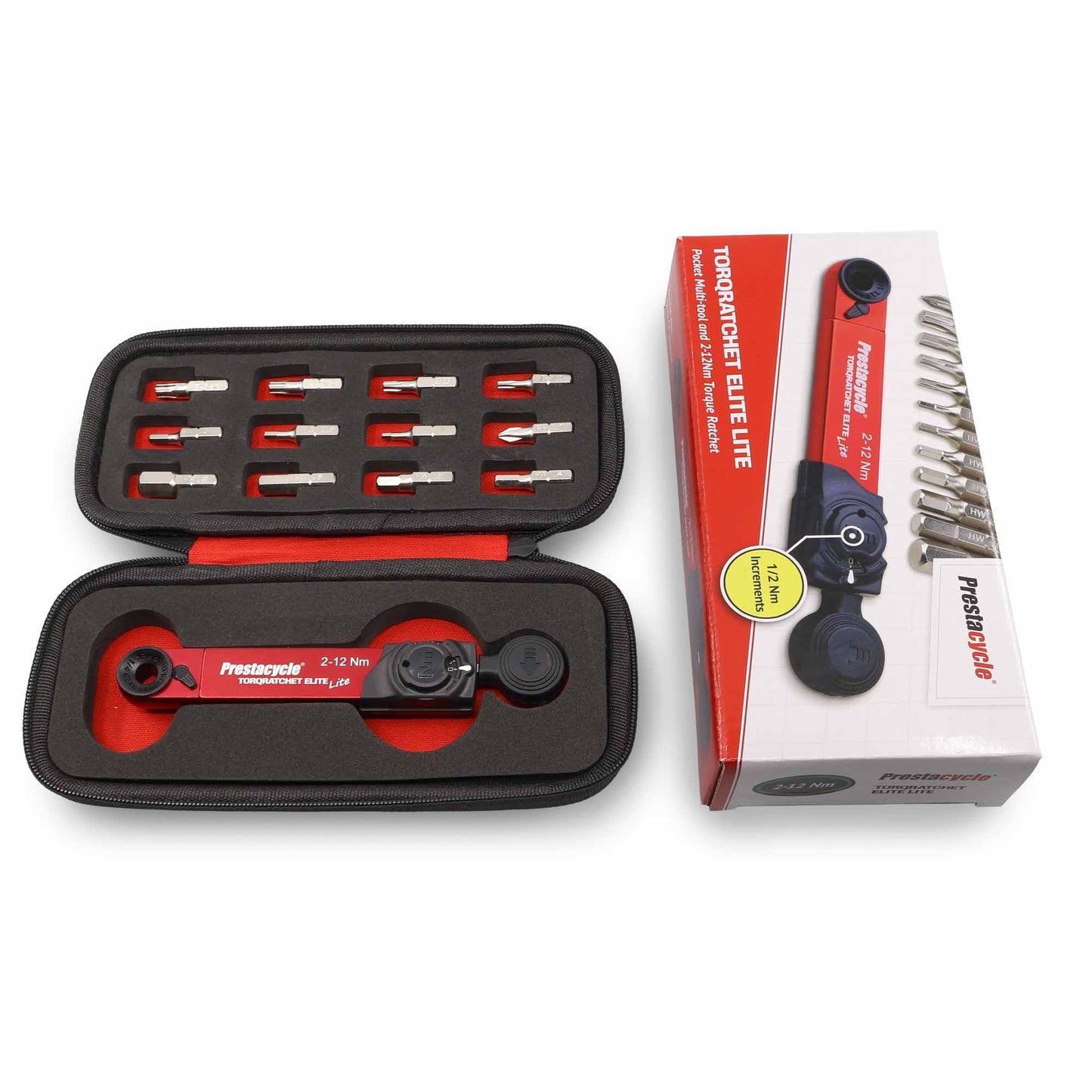 The Prestacycle TorqRatchet ELITE Lite 2~12Nm portable torque multi-tool ratchet is shown with multiple bits in a black zippered case, alongside its white and red packaging.