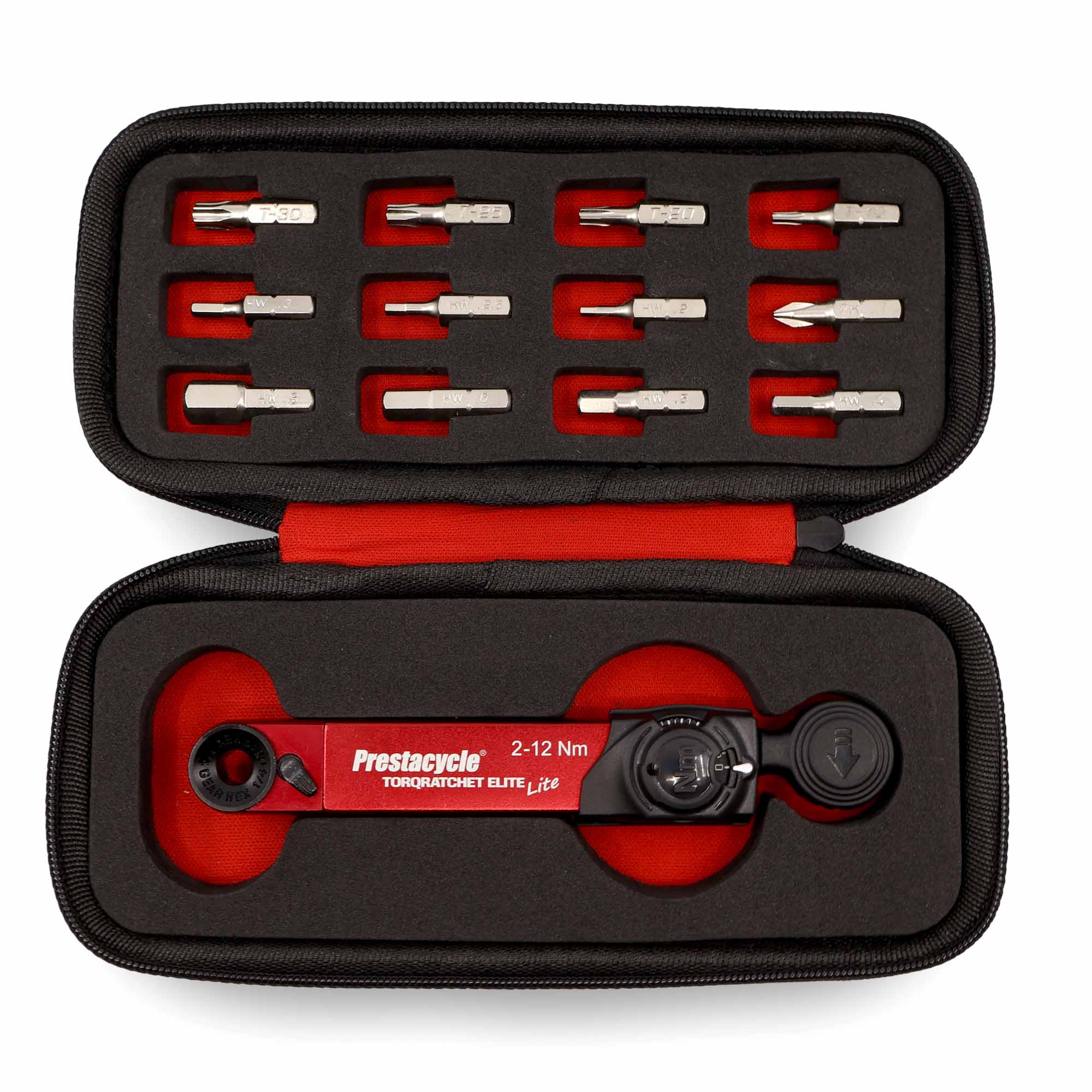 A black zippered case with a red and black Prestacycle TorqRatchet ELITE Lite 2~12Nm reversible ratchet tool, plus ten metal bike multi-tool bits neatly arranged in foam cutouts above the tool.